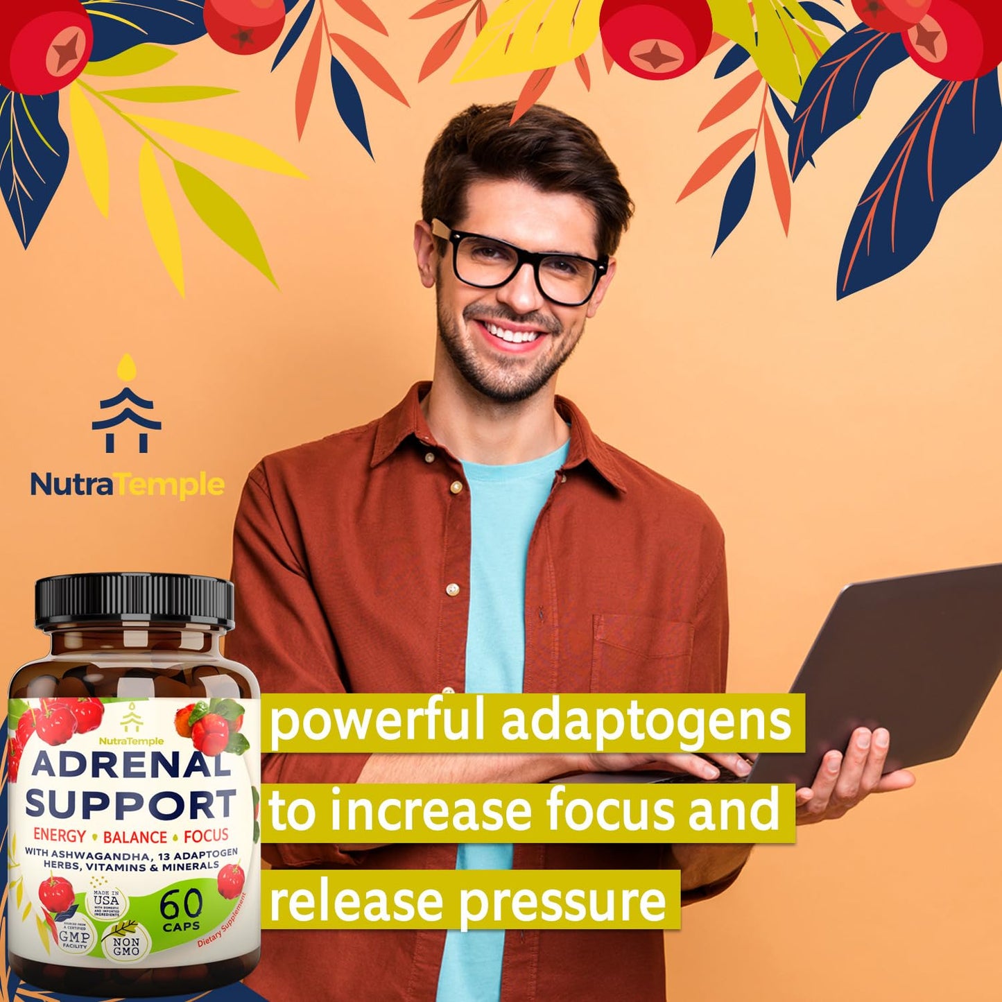 NUTRATEMPLE Adrenal Support & Cortisol Manager Extra Strength Adrenal Fatigue Supplements for Energy, Brain Fog with Ashwagandha, Rhodiola Rosea, L-Tyrosine, Holy Basil Capsule 60 Count