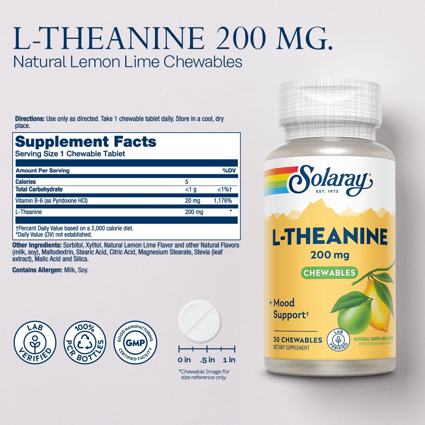 SOLARAY L-Theanine 200mg with Vitamin B6 Mood Support Chewables, 30 Count