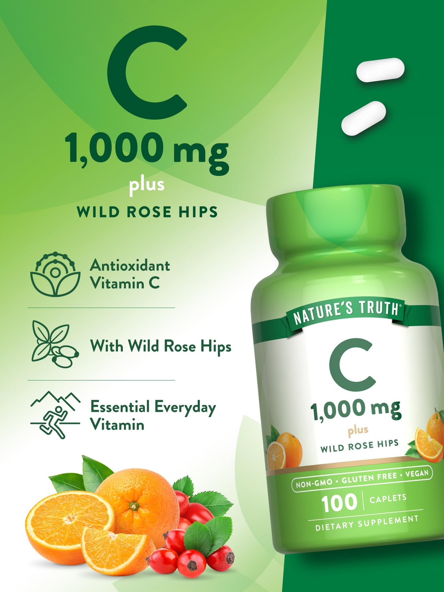 Nature's Truth Vitamin C 1000 mg with Rose Hips Caplets 100 Count