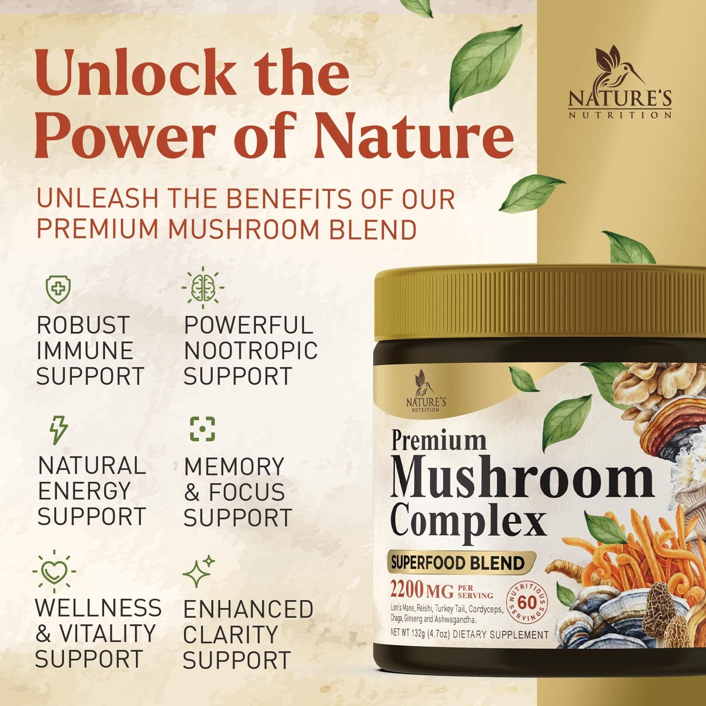 Nature's Nutrition Mushroom Powder Supplement - 11-in-1 Blend - Organic Lions Mane, Reishi, Cordyceps, Chaga, Turkey Tail Mushroom Extract Powder - Brain & Immune Support, 60 Servings