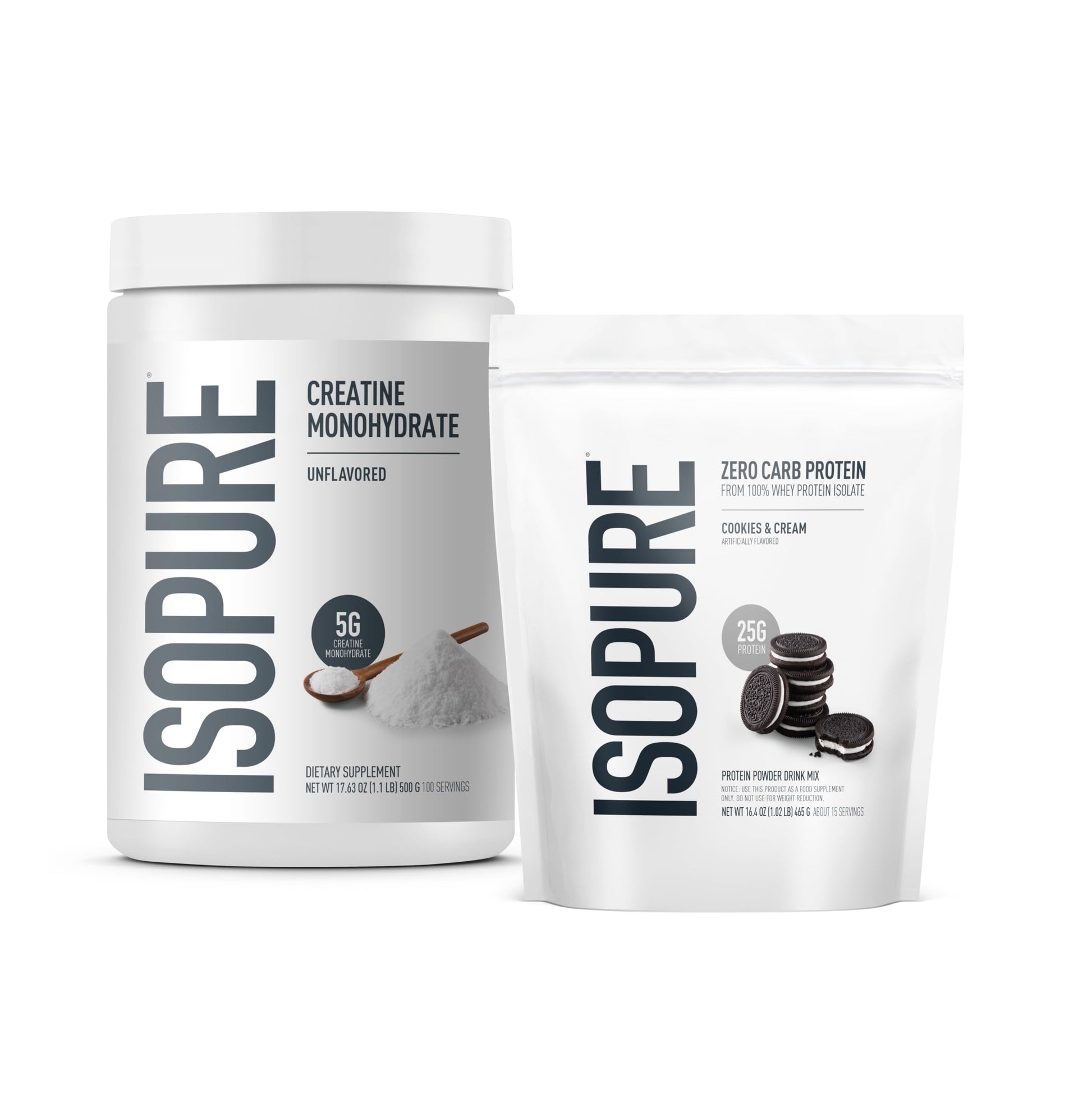 Isopure Zero Carb 100% Pure Whey Isolate Protein Powder Cookies & Cream, 1 lb + Isopure 100% Pure Creatine Monohydrate Powder, 100 Servings