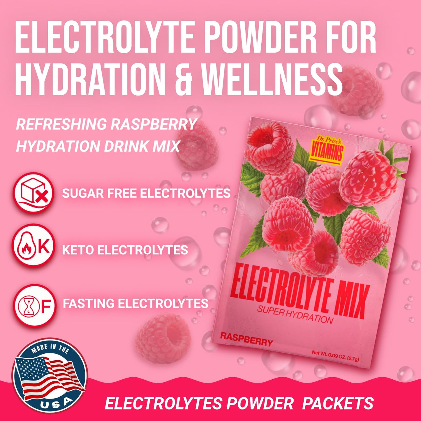 Dr. Price's Vitamins Electrolytes Powder Packets Raspberry, 30 Servings