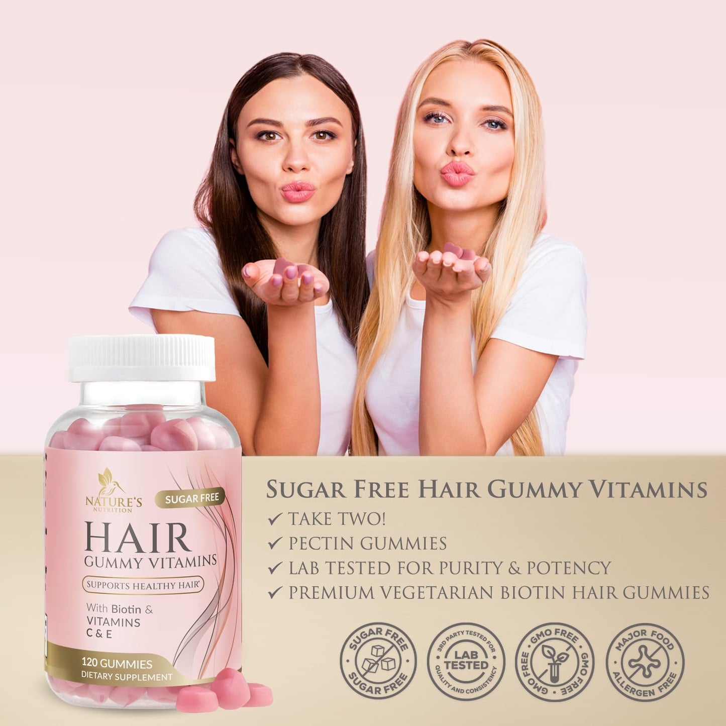 Nature's Nutrition Biotin Hair Vitamins Gummies - 5000 mcg Biotin per Serving, Sugar Free, Vegetarian, 120 Gummies