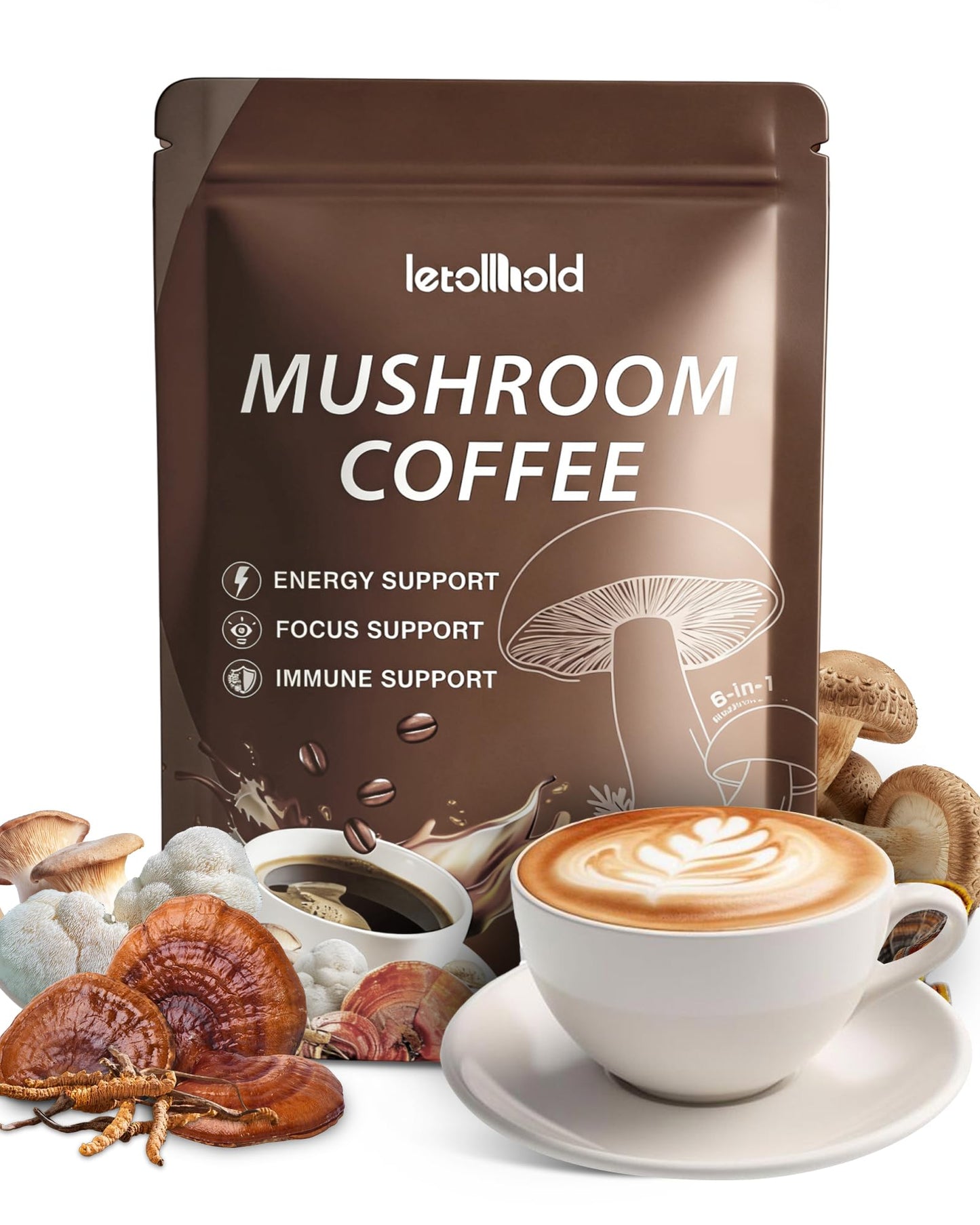 letollhold Mushroom Coffee 6-in-1 Adaptogenic Instant Mushroom Coffee with Cordyceps, Reishi, King Trumpet, Shiitake, Turkey Tail & Lion’s Mane for Energy, Digestion & Immunity Support Powder 6.3 oz