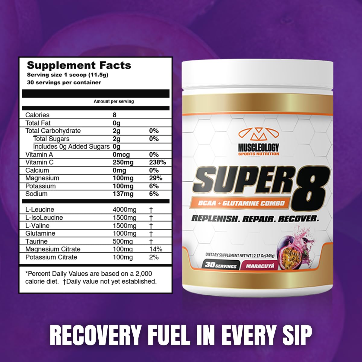 MUSCLEOLOGY Super 8 High Performance BCAA, Electrolyte & Glutamine Blend Formula Powder 1.0582