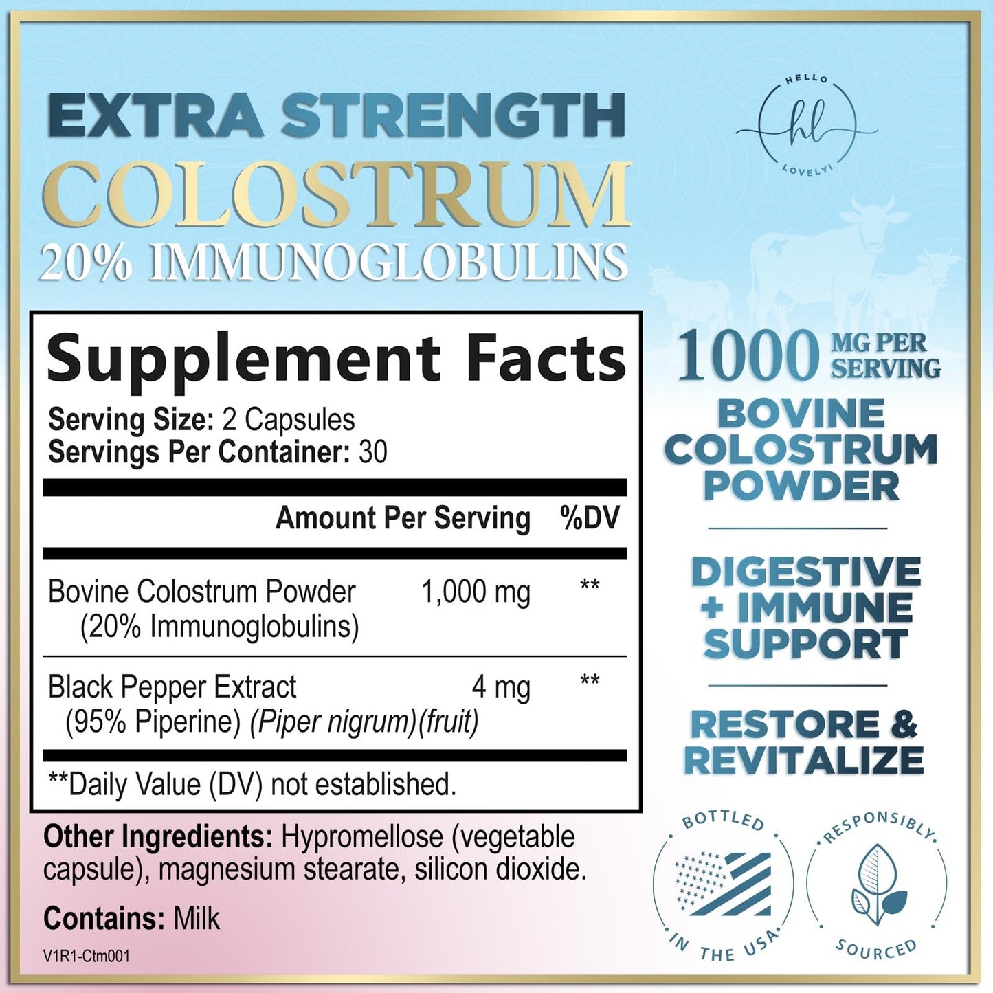 Hello Lovely! Bovine Colostrum Powder 1000mg Per Serving with Immunoglobulins (IgG) for Immune Support, Energy & Gut Health Supplement, SP Colostrum Powder Pills, Gluten Free, Bottled in USA - 60 Capsules