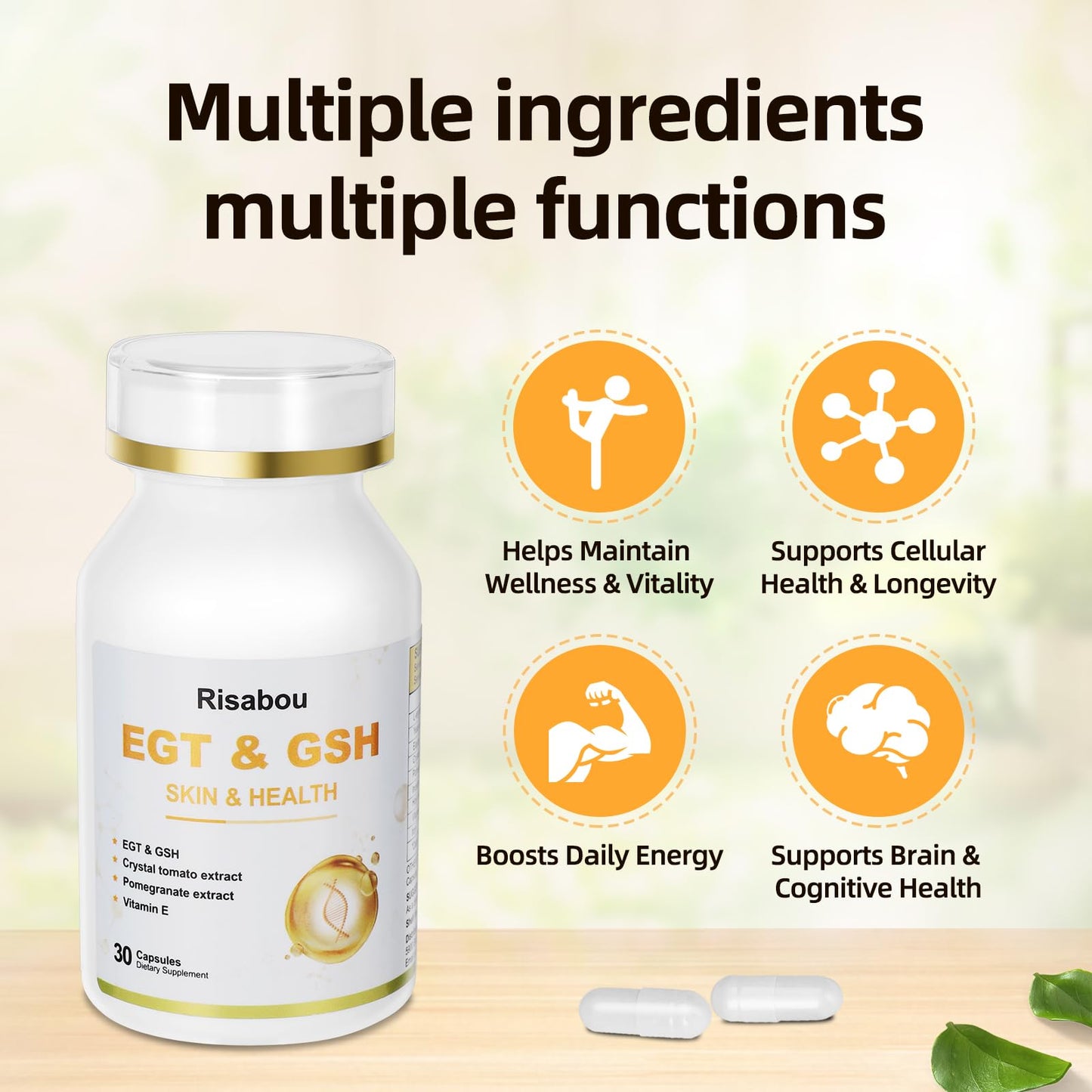 Risabou L-Ergothioneine with Iron Supplement for Women Capsule, 60 Capsules