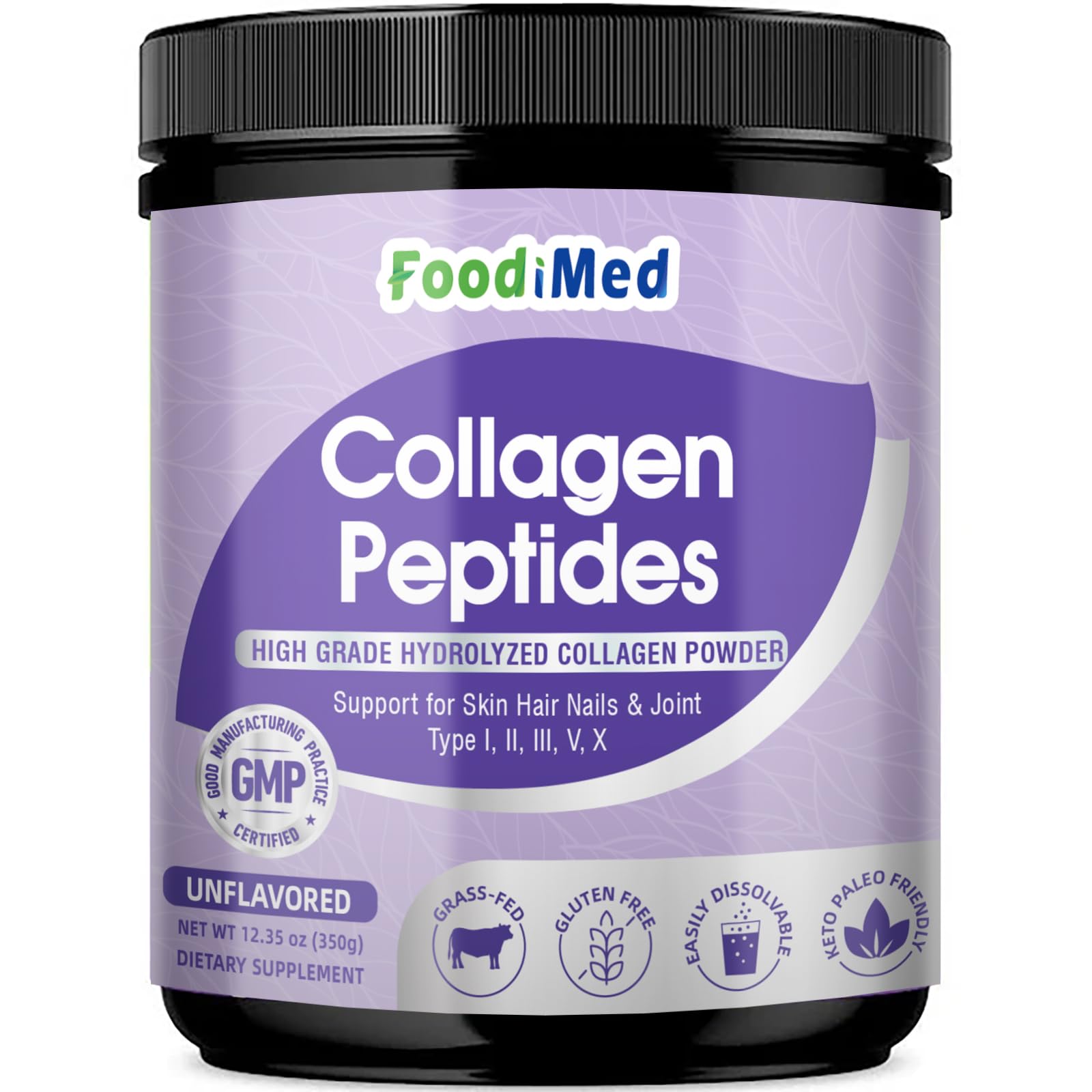 FoodiMed Collagen Peptides Powder with Vitamin C, Hyaluronic Acid & Biotin, 12.35 Ounce