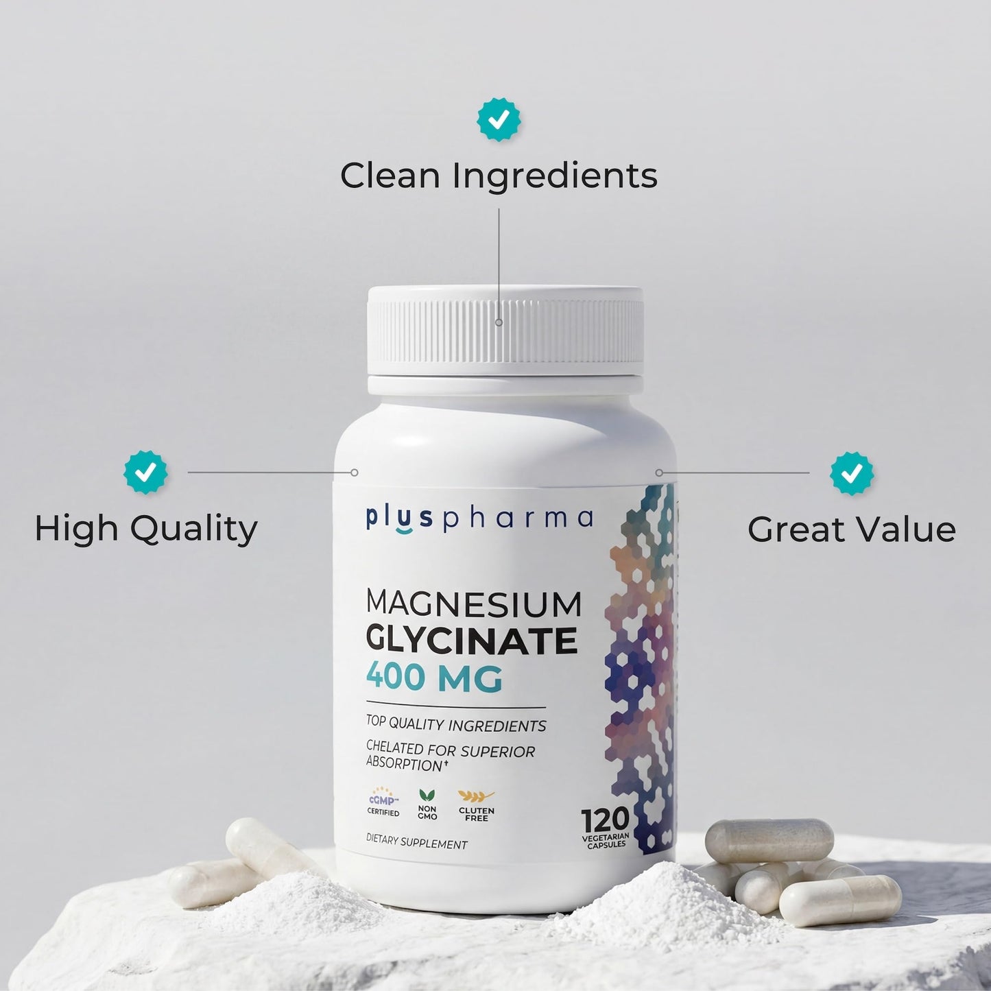 PlusPharma Magnesium Glycinate 400mg Capsules, 120 Count