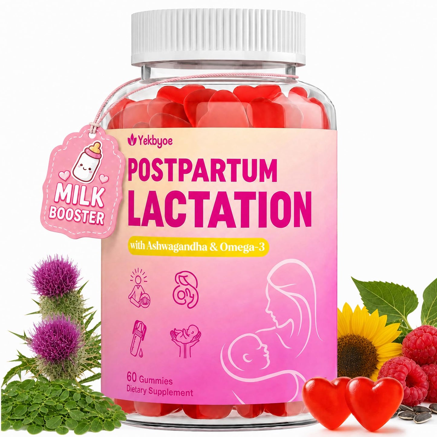 YEKBYOE Lactation Support Gummies with DHA, Moringa & Milk Thistle 60 Count