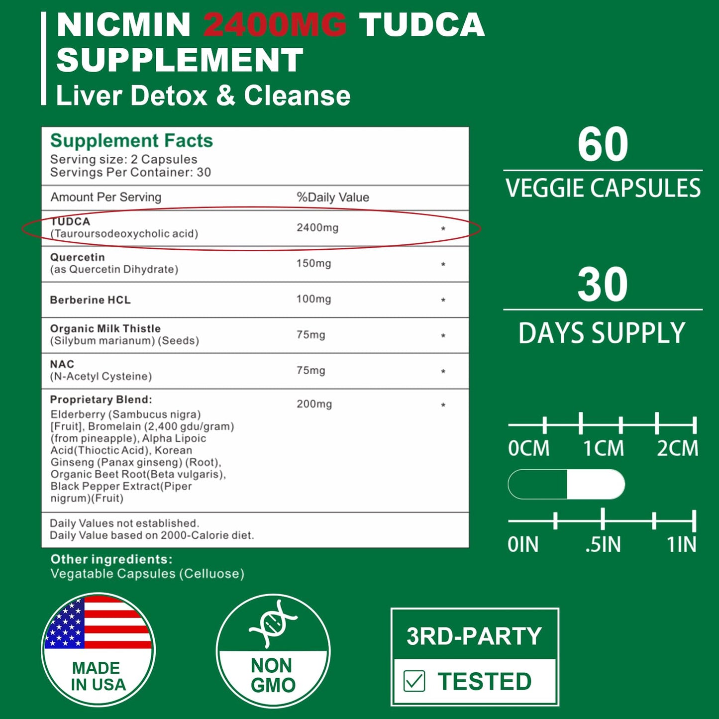 NICMIN TUDCA Supplements 2400MG, Bile Salts Complex for Liver Detox & Gallbladder Cleanse, Anti-Aging for Men and Women, Digestive Health Capsules 180