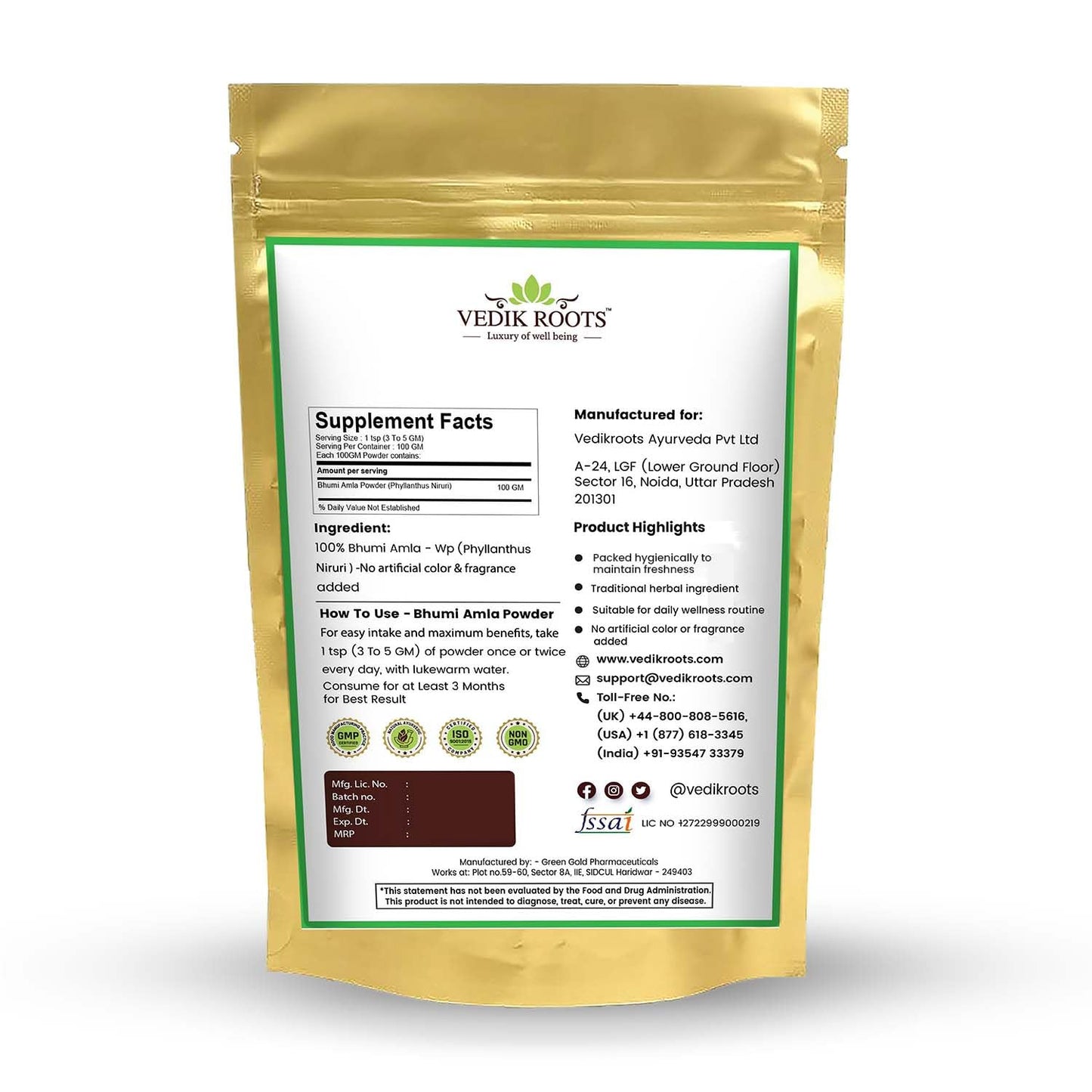 VEDIKROOTS Bhumi Amla Powder (Phyllanthus Niruri) 10.58 oz total