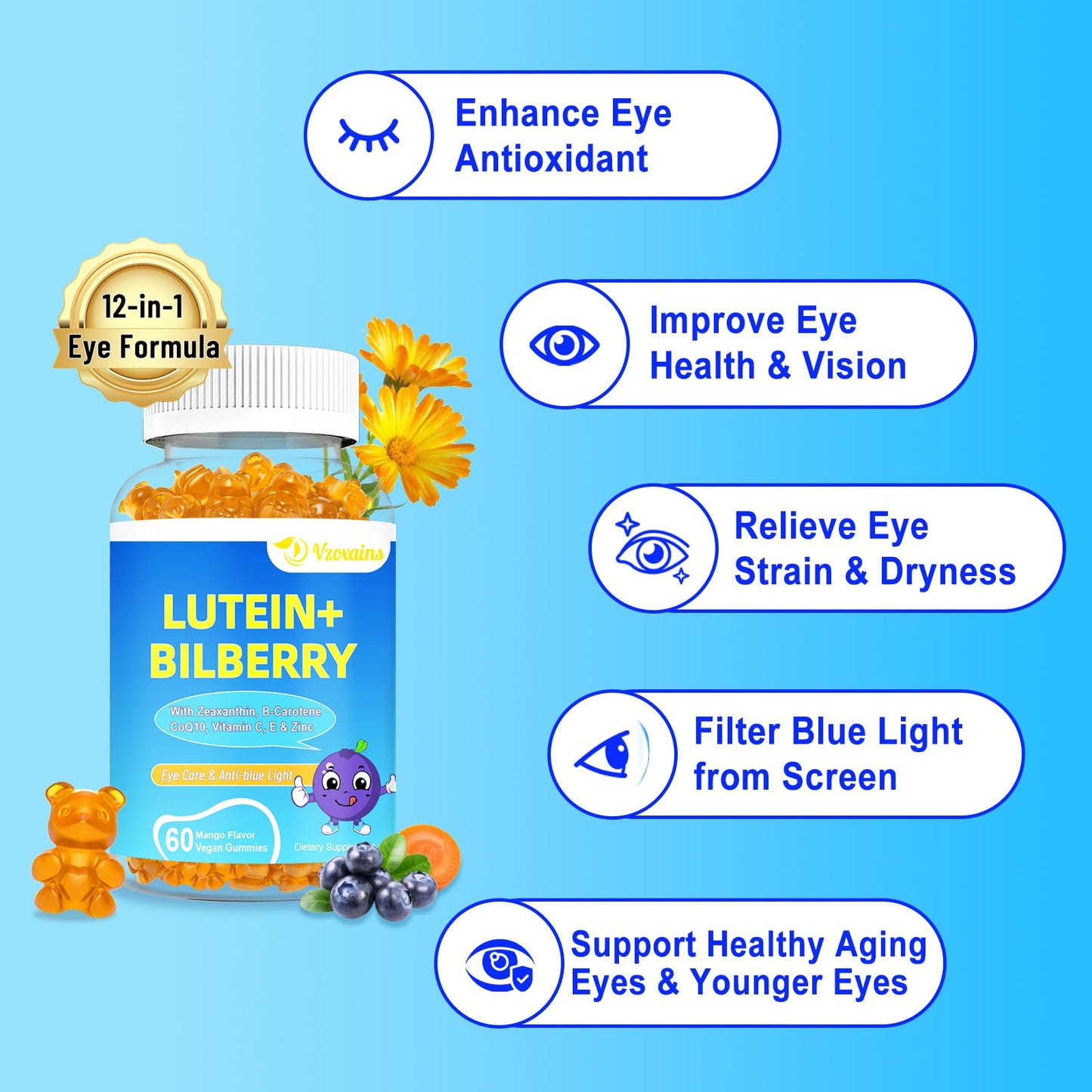 VZOXAINS Lutein & Zeaxanthin Gummies with Bilberry, Astaxanthin, Omega-3, Vitamin C & E - Sugar Free Eye Health Support, Dry Eye Relief & Macular Support, 120 Gummies