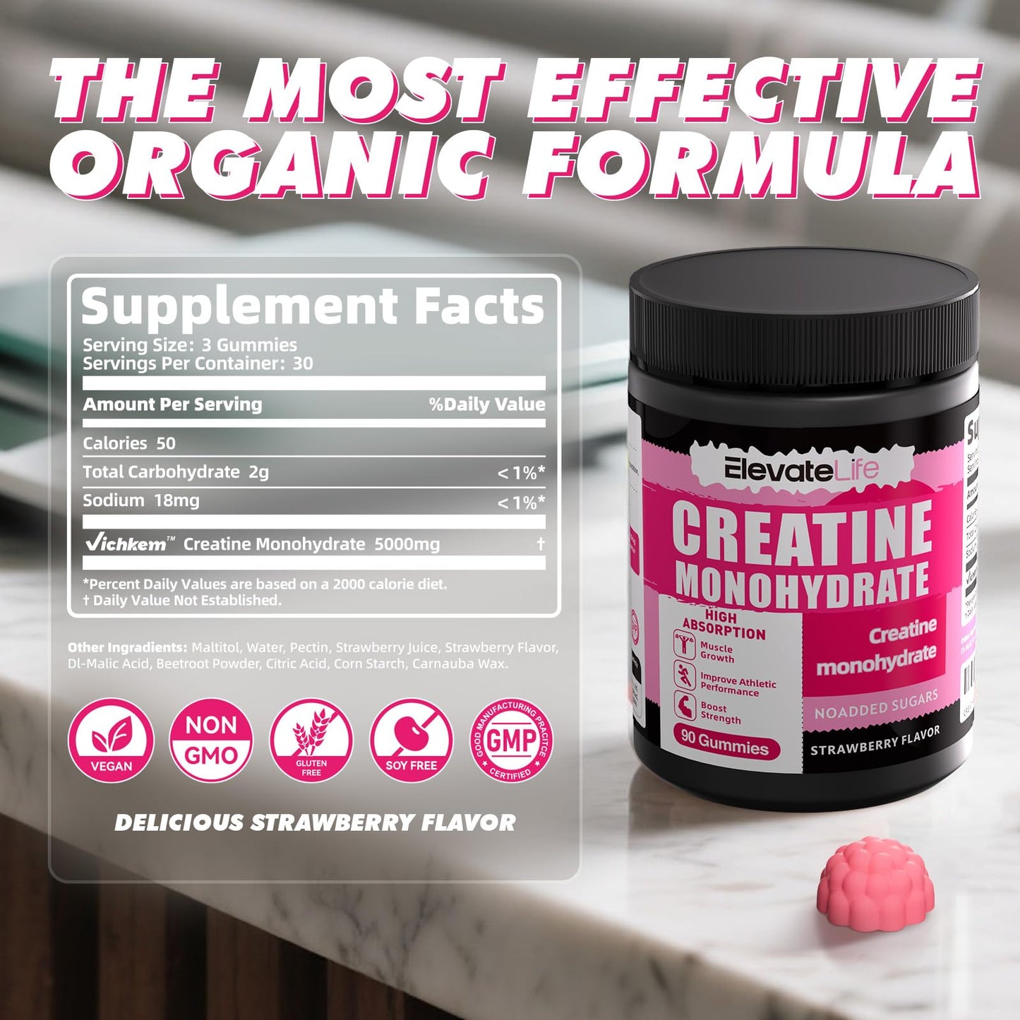 ElevateLife Creatine Monohydrate Gummy 5000mg, 90 Count