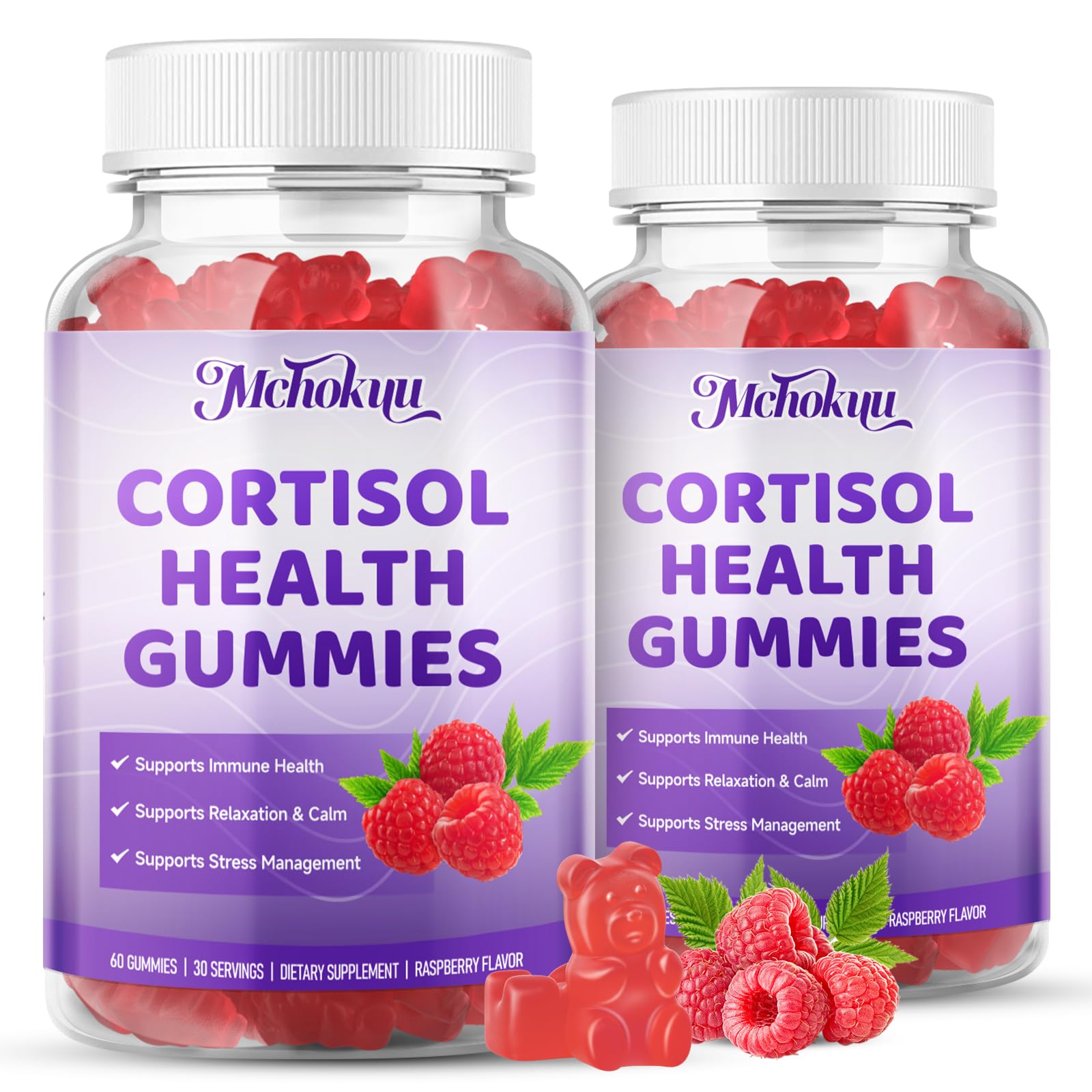 Mchokuu Cortisol Supplement Gummies for Women – Sugar-Free with Ashwagandha, Magnesium, L-Theanine, Rhodiola Rosea, Vegan Raspberry Flavor, 120 Gummies