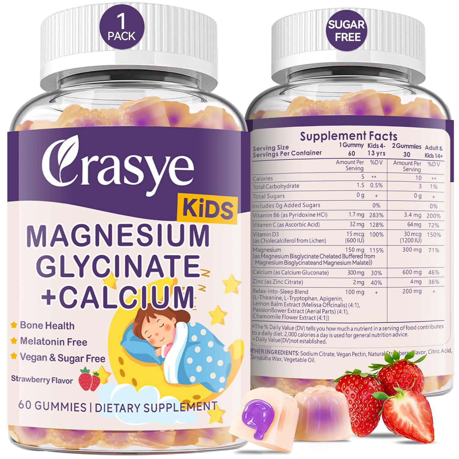 Crasye Magnesium Glycinate + Calcium Gummies for Kids, 60 Count