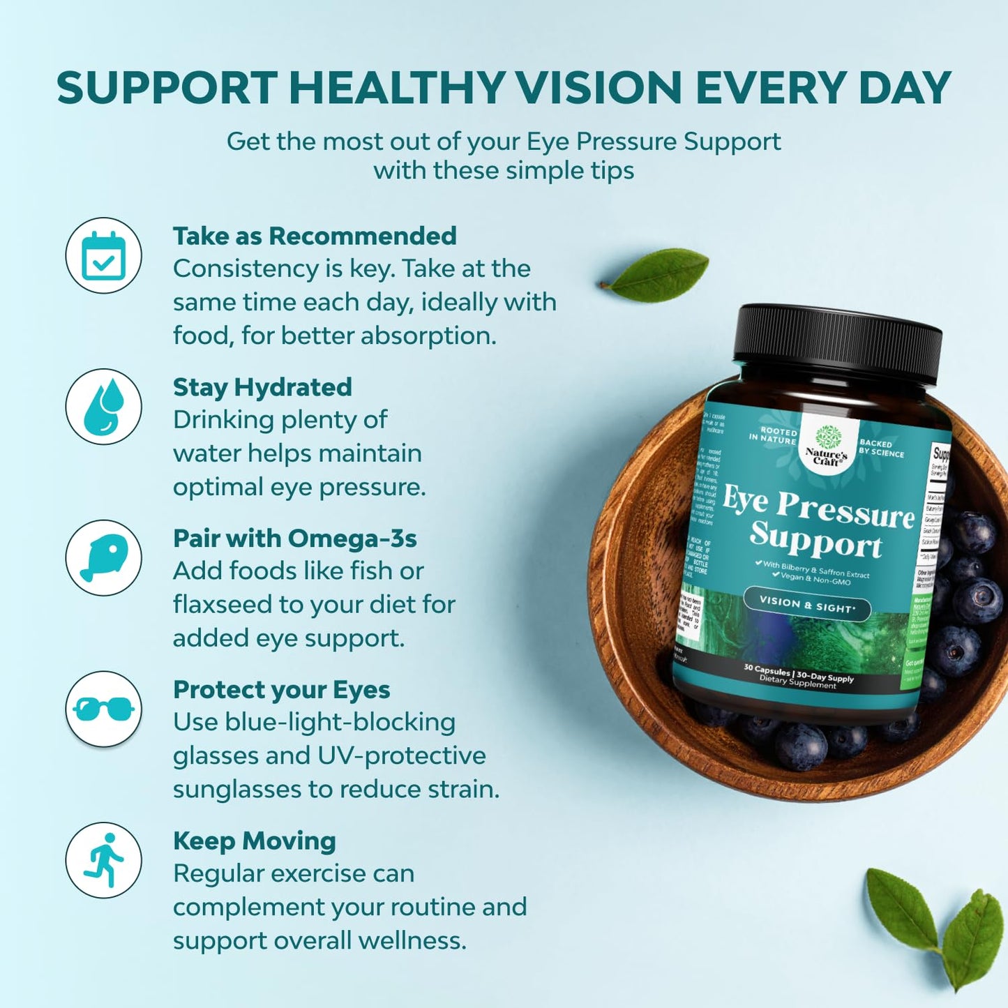 Natures Craft Eye Pressure Support with Bilberry Extract - Vegan Eye Health Supplement for Adults For Ocular Pressure Relief with Saffron Ginkgo Niacin and More Vitamins Vision Support Capsules 90