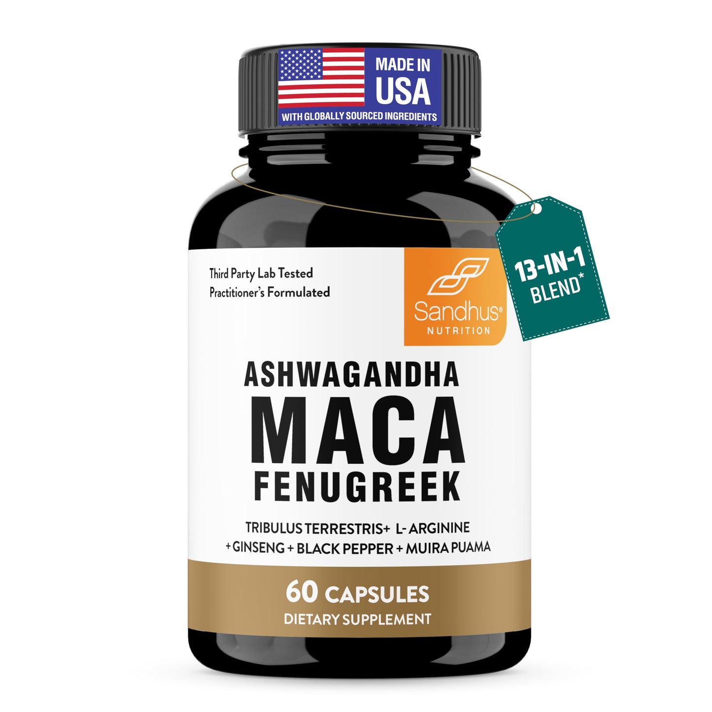 Sandhu's Maca Root, Fenugreek with Ashwagandha L-Arginine, Ginseng and Muira Puama Capsules, 60 Count