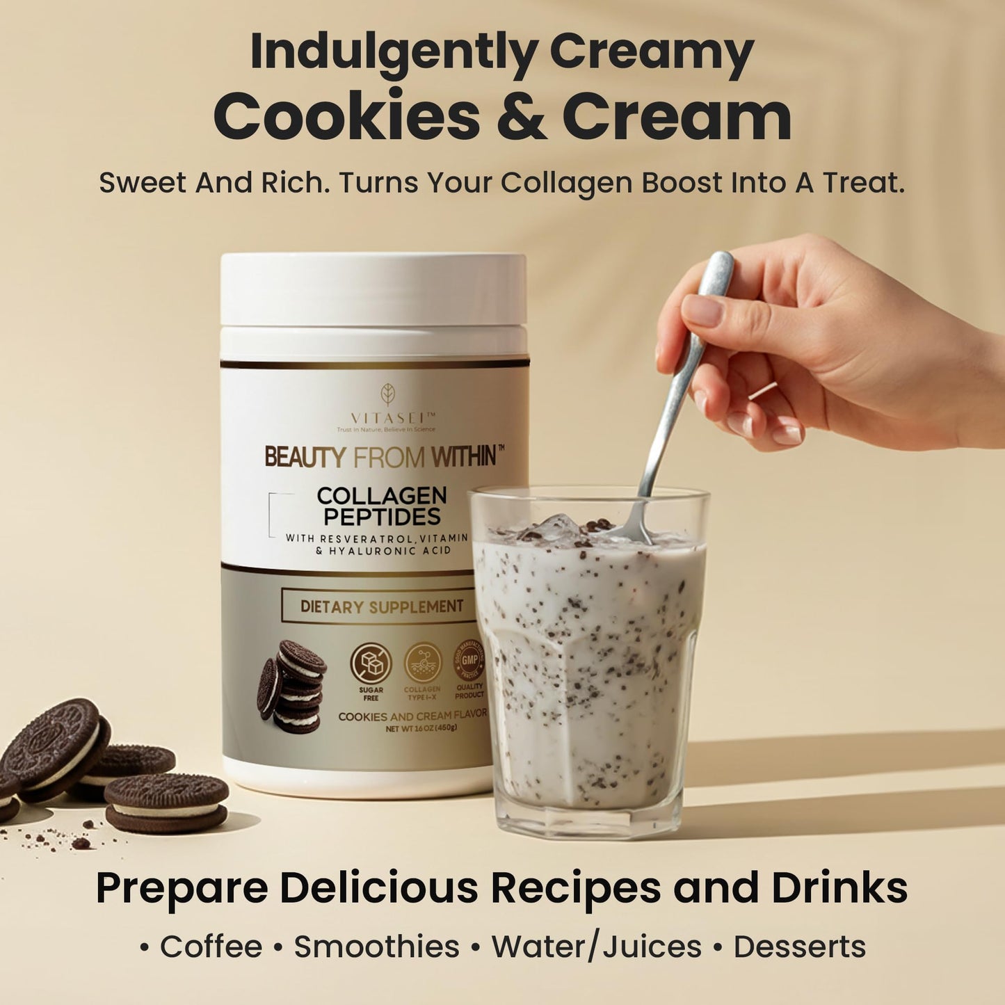 VITASEI Hydrolyzed Collagen Peptides Powder with Resveratrol & Vitamin C – Hair, Skin & Joint Support – Cookies & Cream Flavor, 16 oz