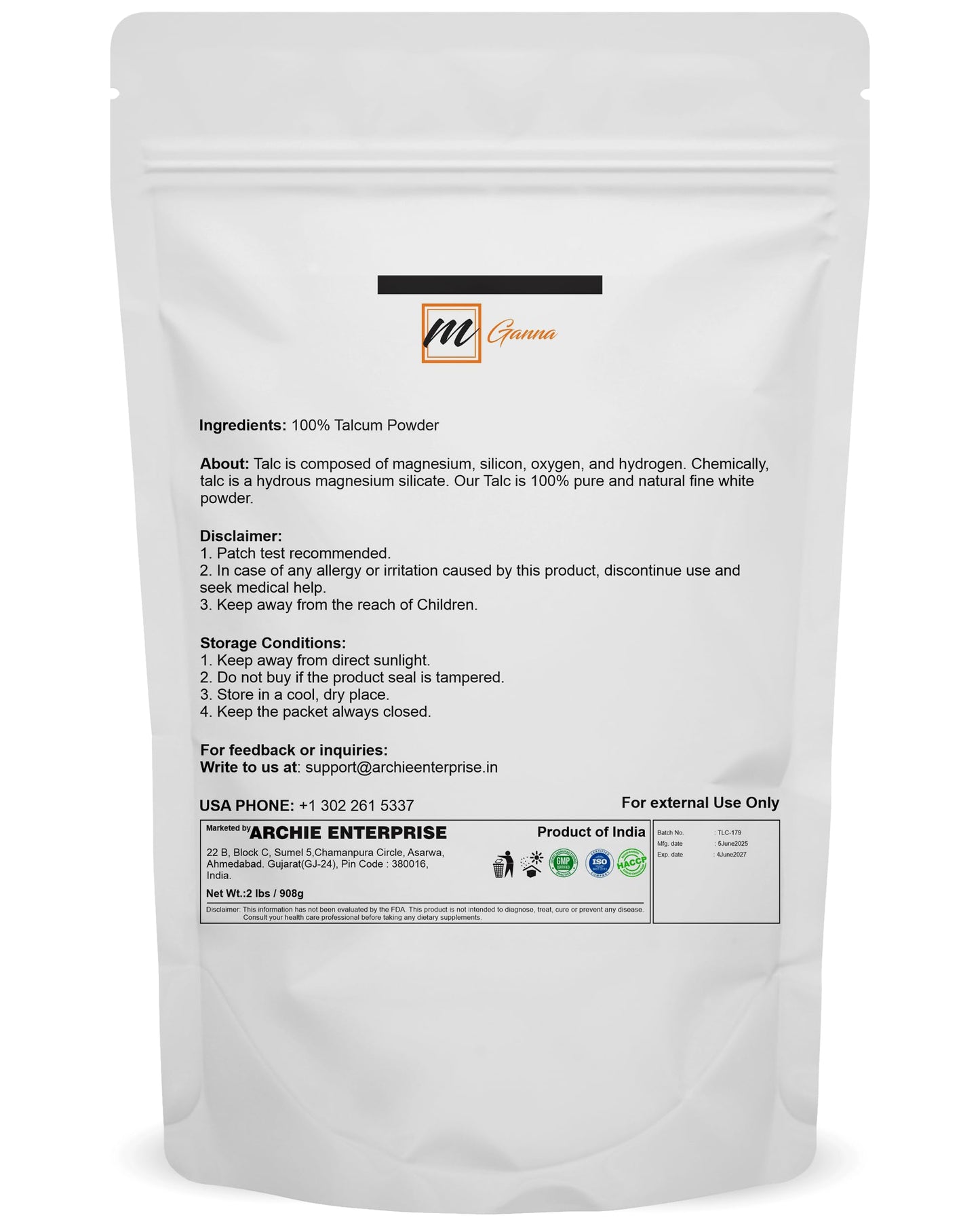 mGanna 100% Natural Talc Powder, 32.03 Ounce (Pack of 1)