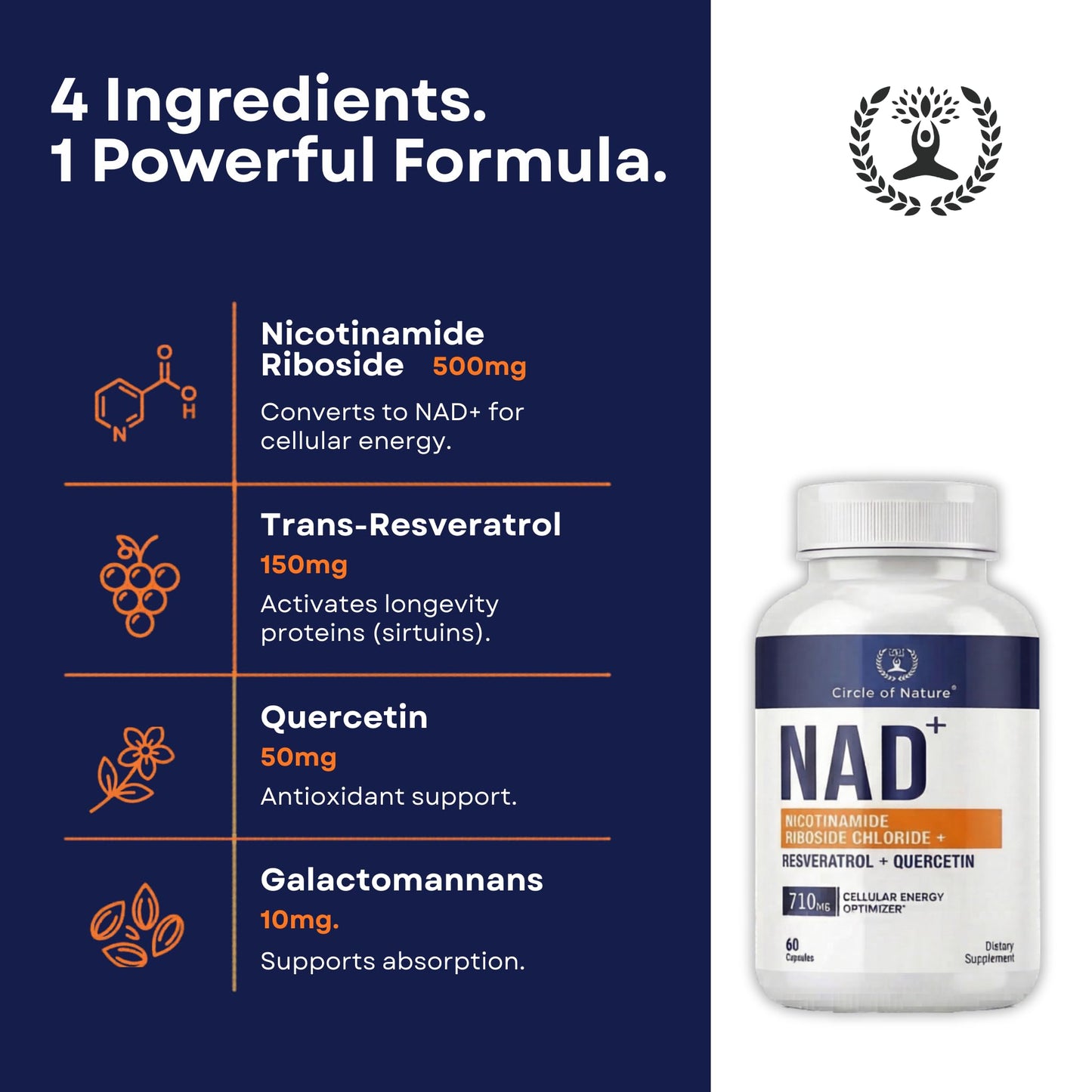 Circle of Nature NAD+ Supplement Nicotinamide Riboside Chloride with Resveratrol Capsules 60
