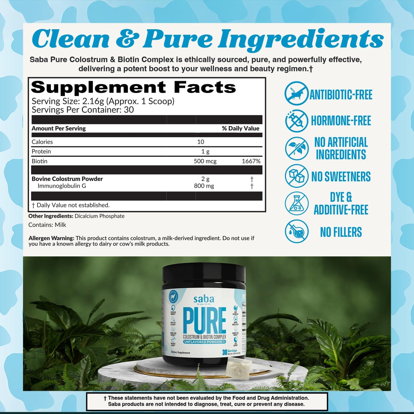 Saba Pure Colostrum & Biotin Complex Powder, 60 Counts