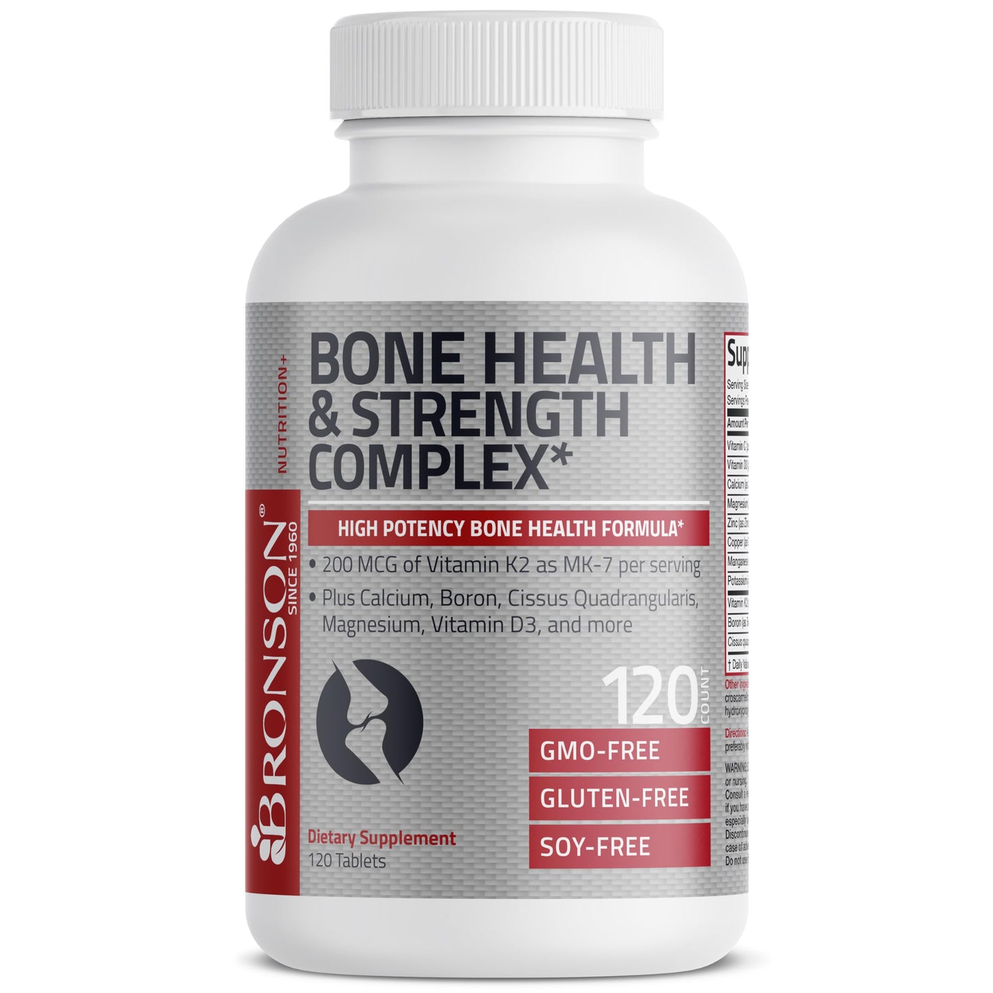 Bronson Bone Health & Strength Complex High Potency Formula 200 mcg Vitamin K2 as MK7, Plus Calcium, Boron, Cissus Quadrangularis, Magnesium, Vitamin D3, and More, Non-GMO, 120 Tablets