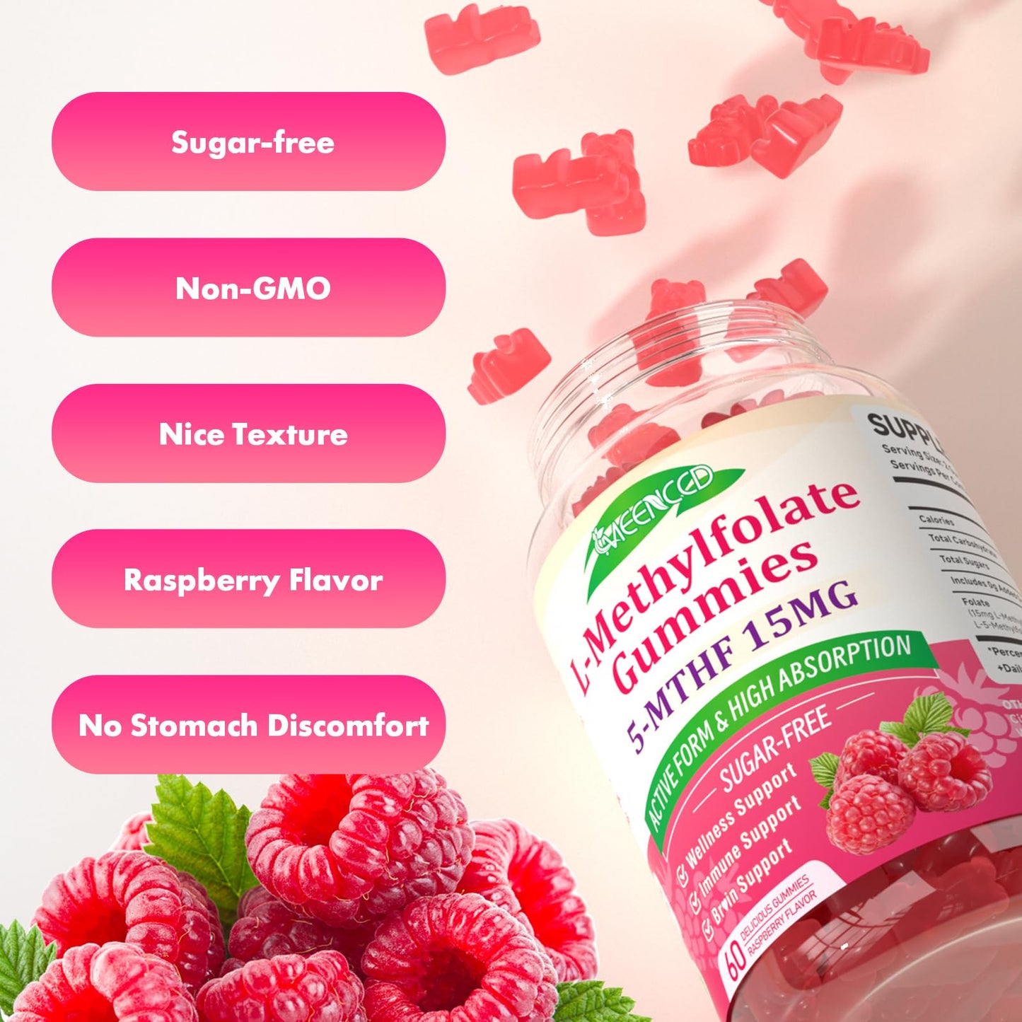 MEENCCD L-Methylfolate Gummies, Active 5-MTHF, Methylfolate Supplement, 120 Gummies