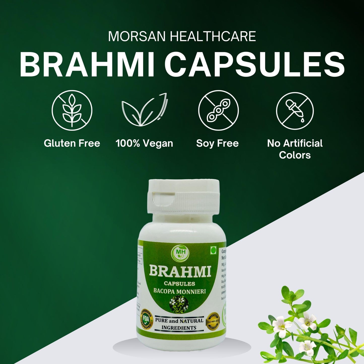 Morsan Healthcare Brahmi (Bacopa Monnieri) Vegetarian Capsules, 500mg Each, Non-GMO, Vegan, Gluten-Free, 120 Capsules