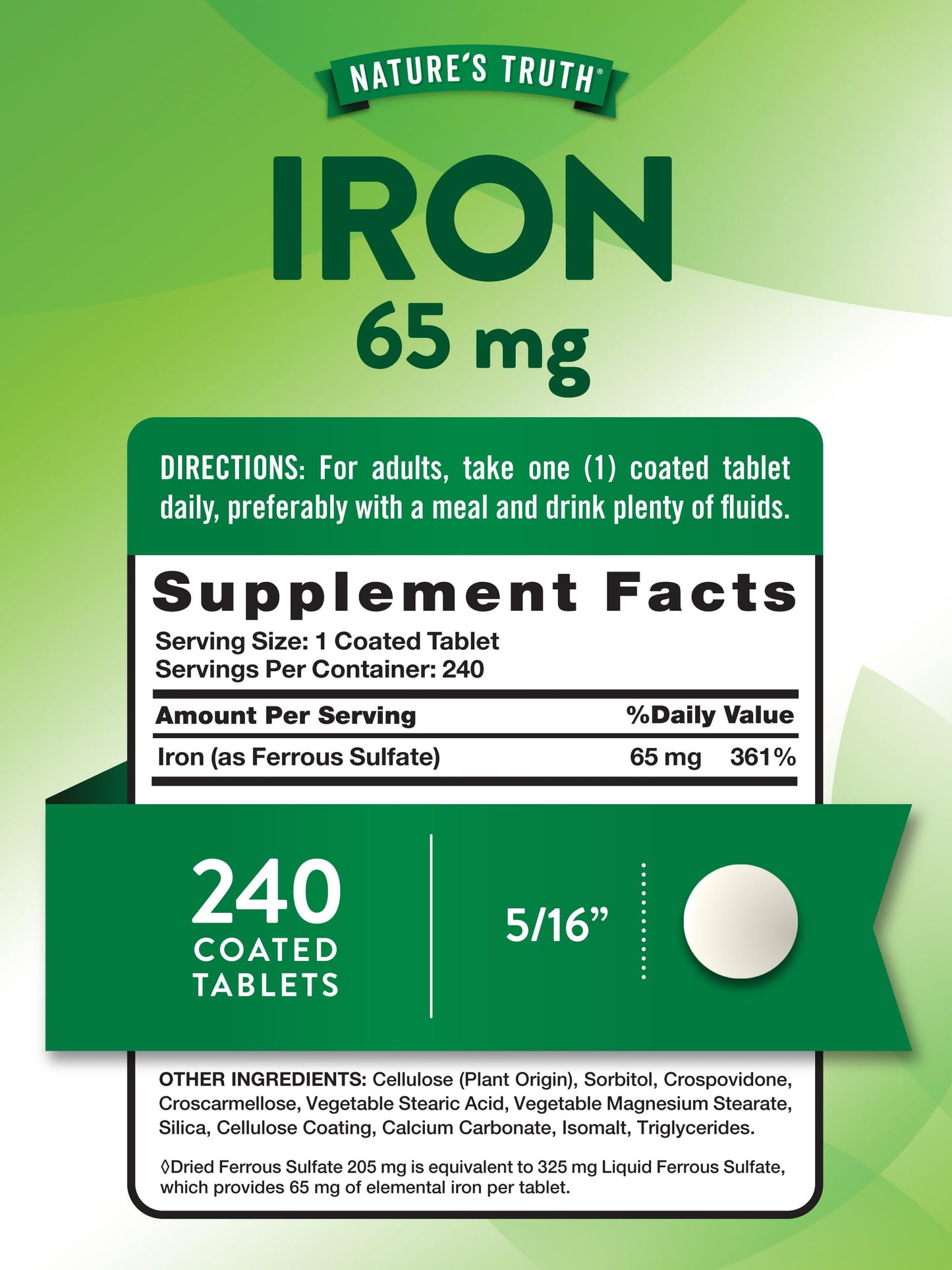 Nature's Truth Iron 65mg Tablets, 240 Count
