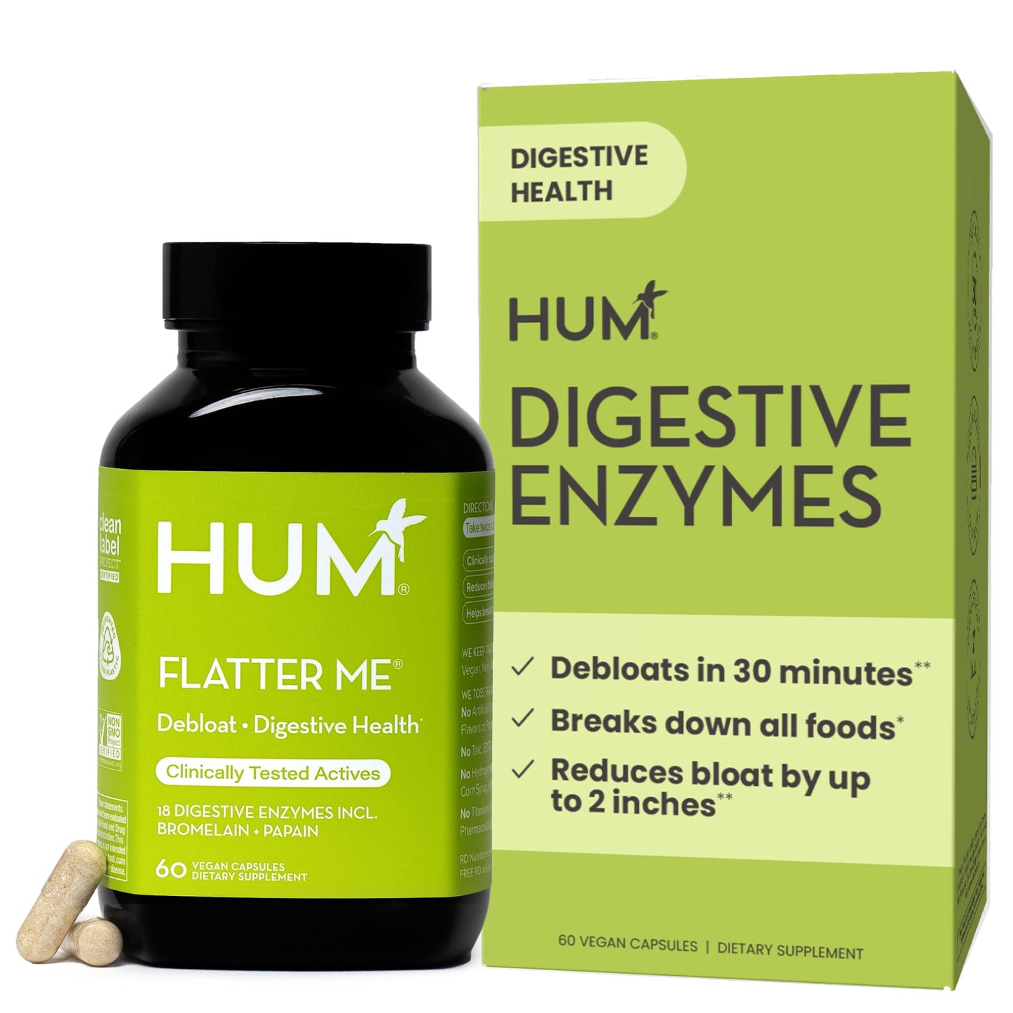 HUM Flatter Me Digestive Enzymes for Women & Men, 60 Capsules