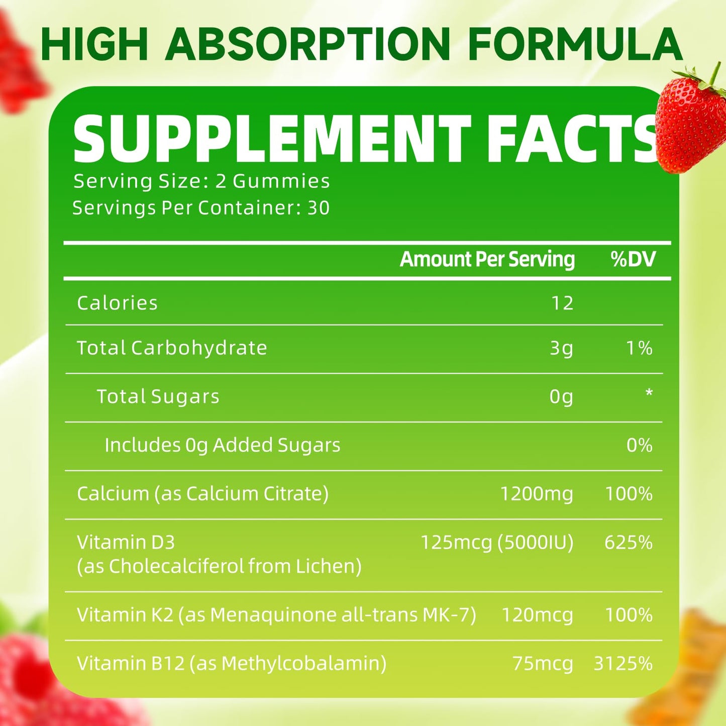 GrnLife Calcium Citrate 1200mg with Vitamin D3 Gummies, K2 & B12, Mixed Flavors, 60 Count