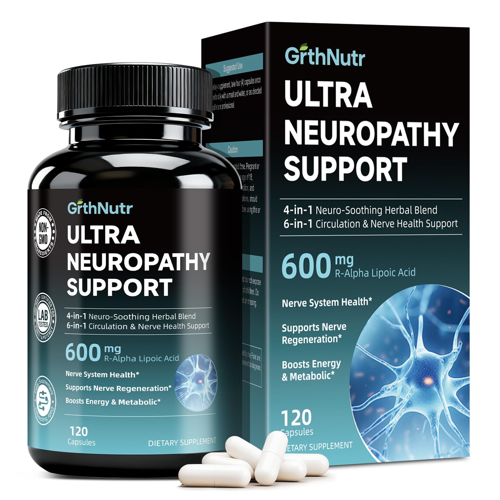 GrthNutr Nerve Health Neuropathy Supplements 600mg R-Alpha Lipoic Acid NAC ALC Vitamin B12 B1 B2 B6 Magnesium Capsule 120 Count