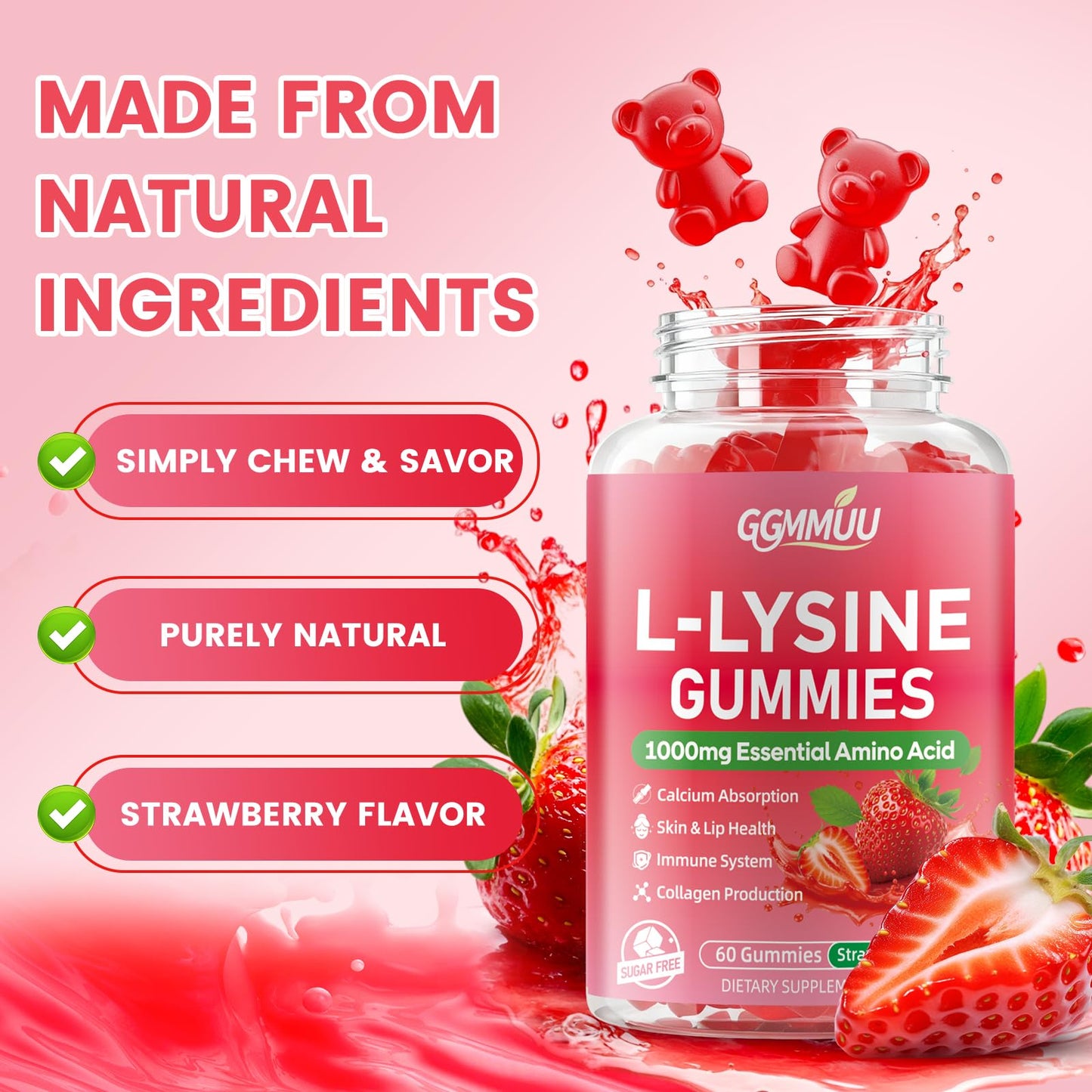 GGMMUU L-Lysine Gummies 1000mg, 120 Count