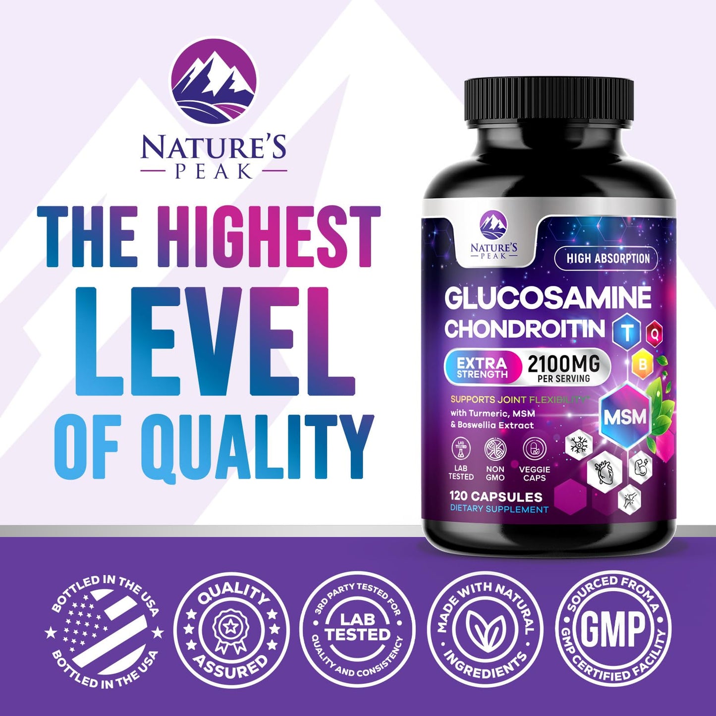 Nature's Peak Glucosamine Chondroitin MSM & Turmeric Extra Strength Joint Support Capsules, 120 Capsules