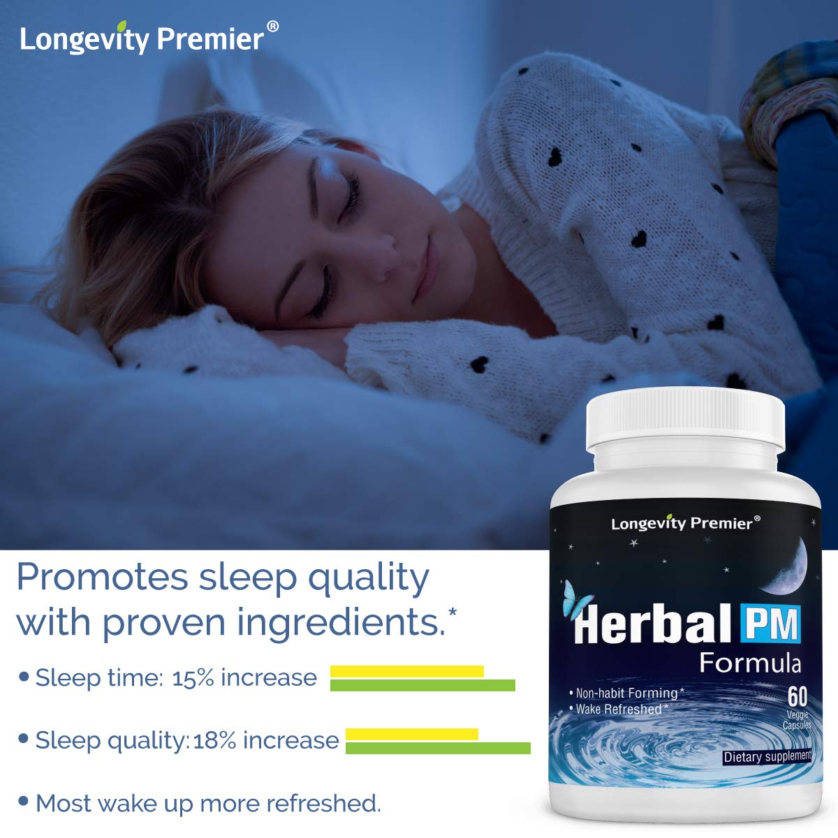 Longevity Premier Nutraceuticals Herbal PM - Herbal Sleep Formula with 5-HTP, Melatonin, Valerian & GABA, 60 Veggie Capsules