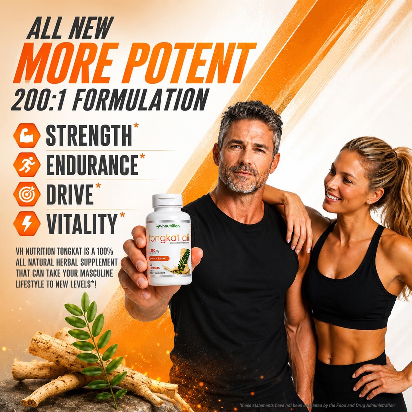 VH Nutrition Tongkat Ali Extra Strength Hormone Support for Men 200:1 Blend Standardized Eurycoma Longifolia (LongJack) Extract Powder, 60 Capsules