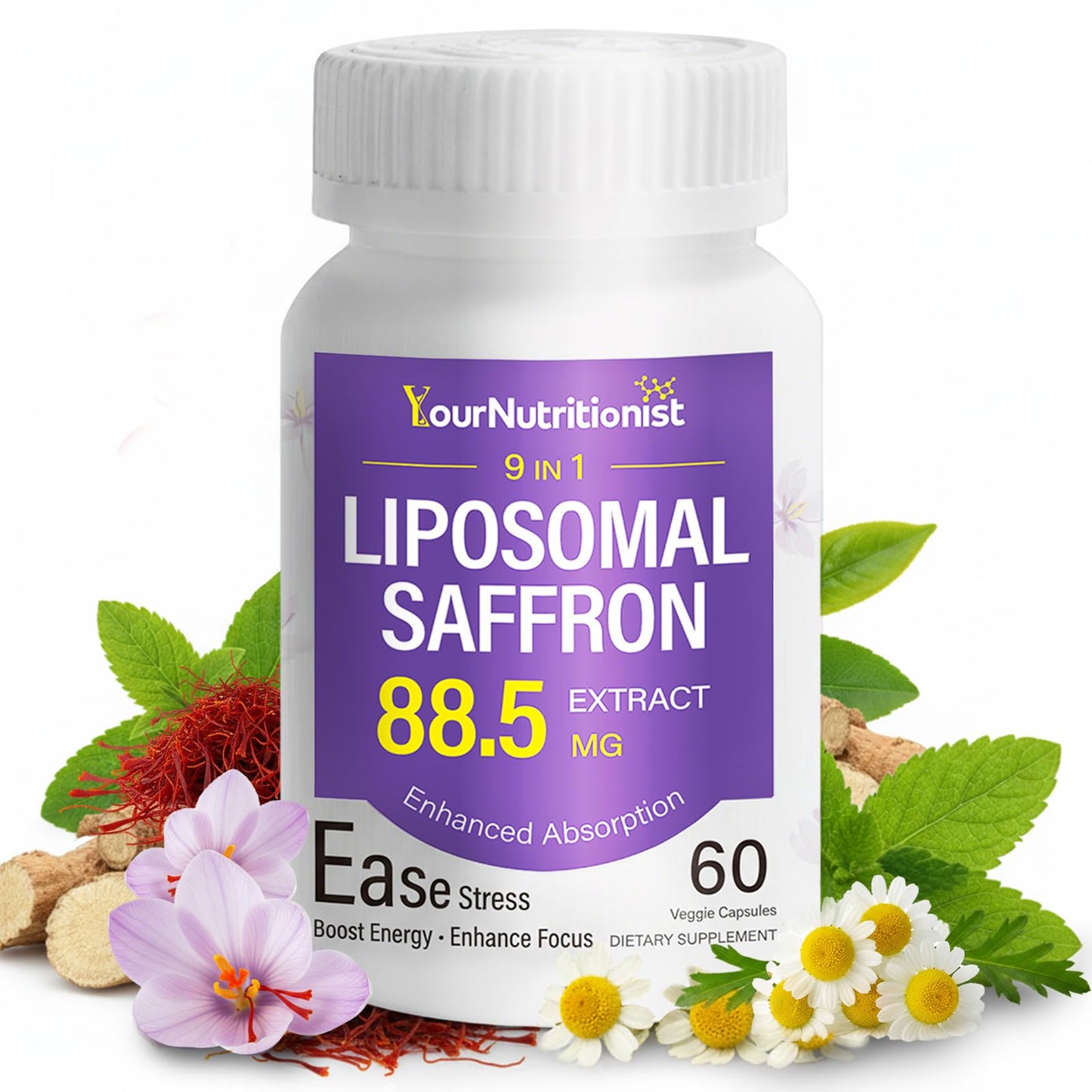 Your Nutritionist 9-in-1 Liposomal Saffron Supplement 88.5mg, Sleep & Eye Support Capsules, 60 Count
