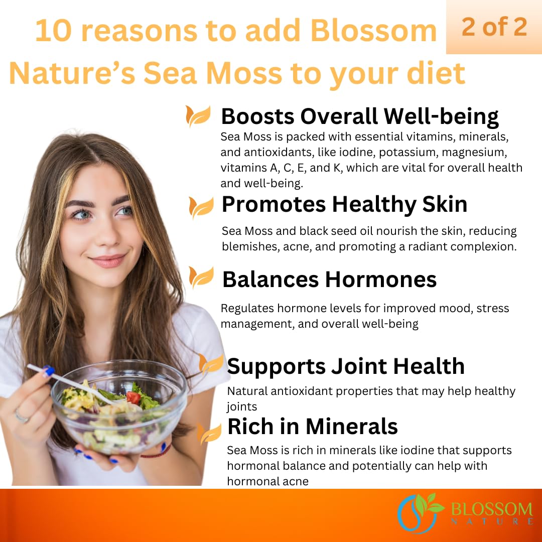 Blossom Nature 10-in-1 Irish Sea Moss 3000mg with Black Seed Oil, Ashwagandha, Bladderwrack, Burdock, Turmeric, Apple Cider Vinegar, Manuka Honey, Dandelion, Black Pepper, 60 Capsules