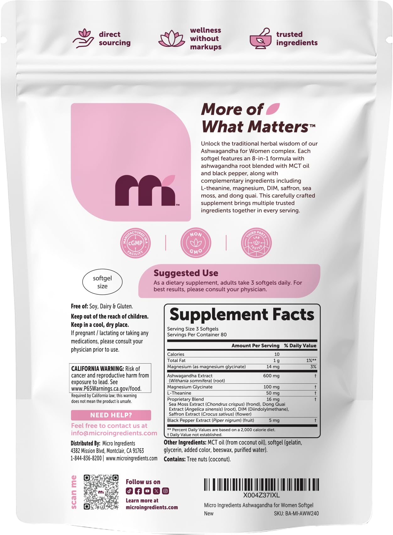 Micro Ingredients Ashwagandha for Women 600 mg Per Serving Softgels 240 Count