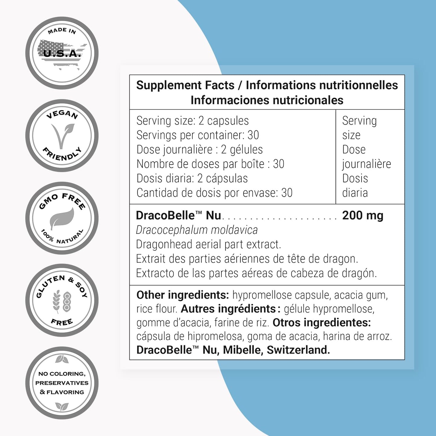 Supersmart Dragonhead Extract 200mg per Day (Patented) DracoBelle Dragonhead Supplement Capsule, 60 Count