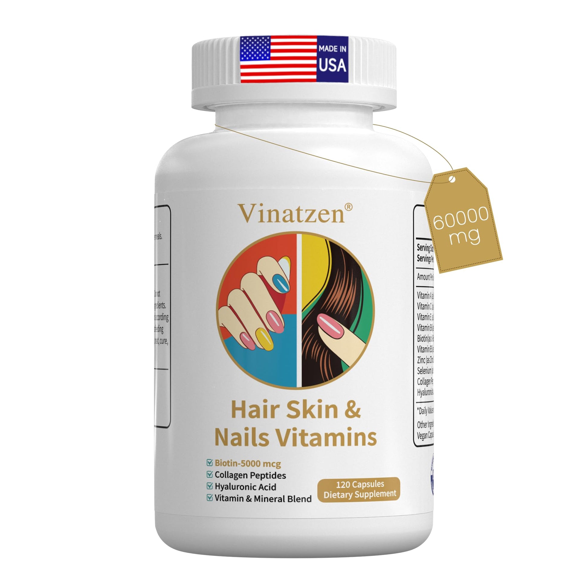 Vinatzen Hair Skin and Nails Vitamins with Biotin 5000mcg Capsules, 60 Count
