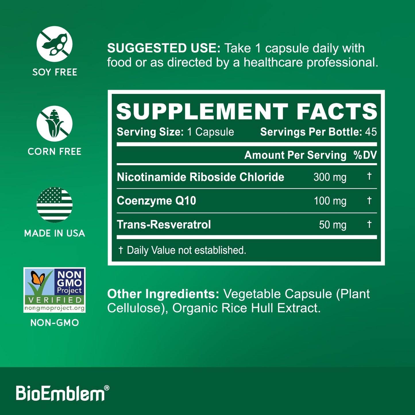 BioEmblem NAD+ Supplement with 300 mg Nicotinamide Riboside, CoQ10 & Resveratrol, 45 Capsules