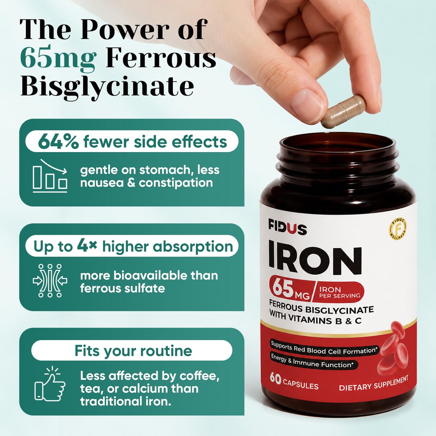 Fidus Gentle Iron Supplement 65mg with Iron Bisglycinate 350mg, Vitamin C, B-Complex, Zinc & Copper Capsule 60 Count