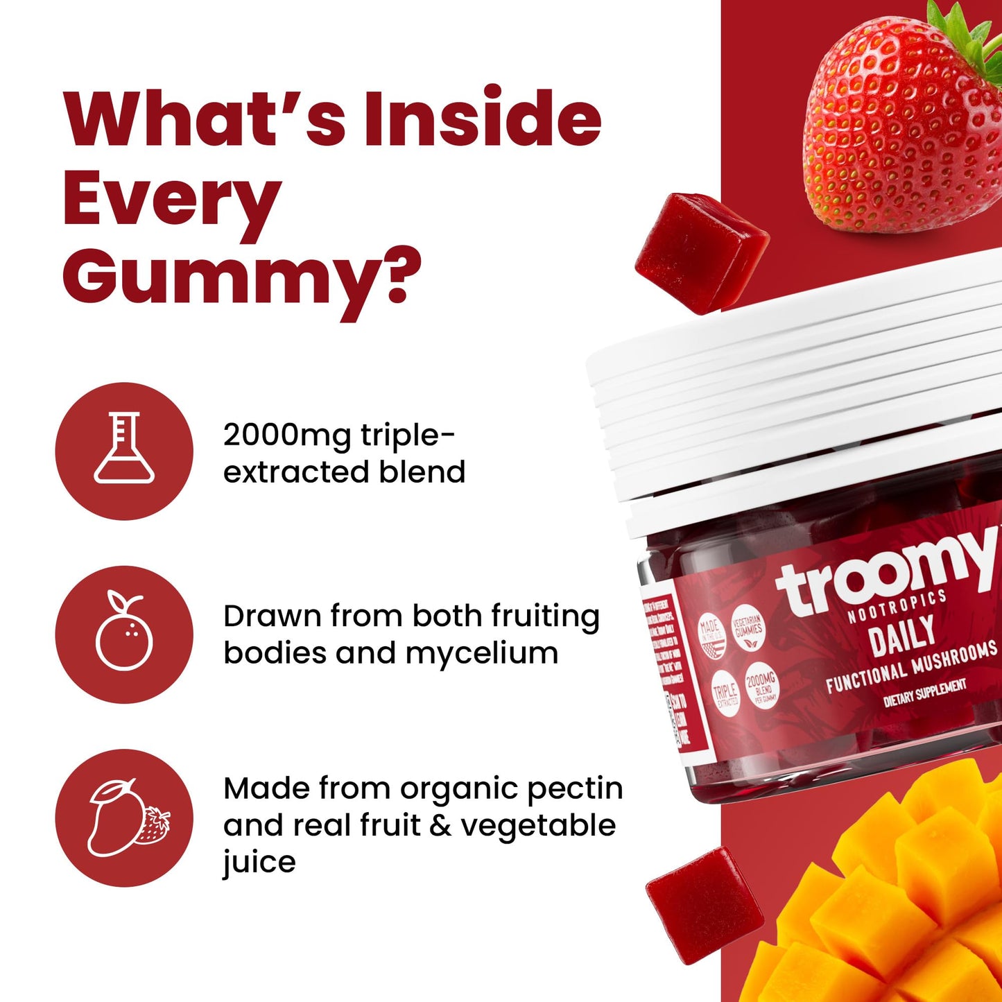 Troomy Nootropics Daily 14 Mushroom Blend Gummies 60 Count