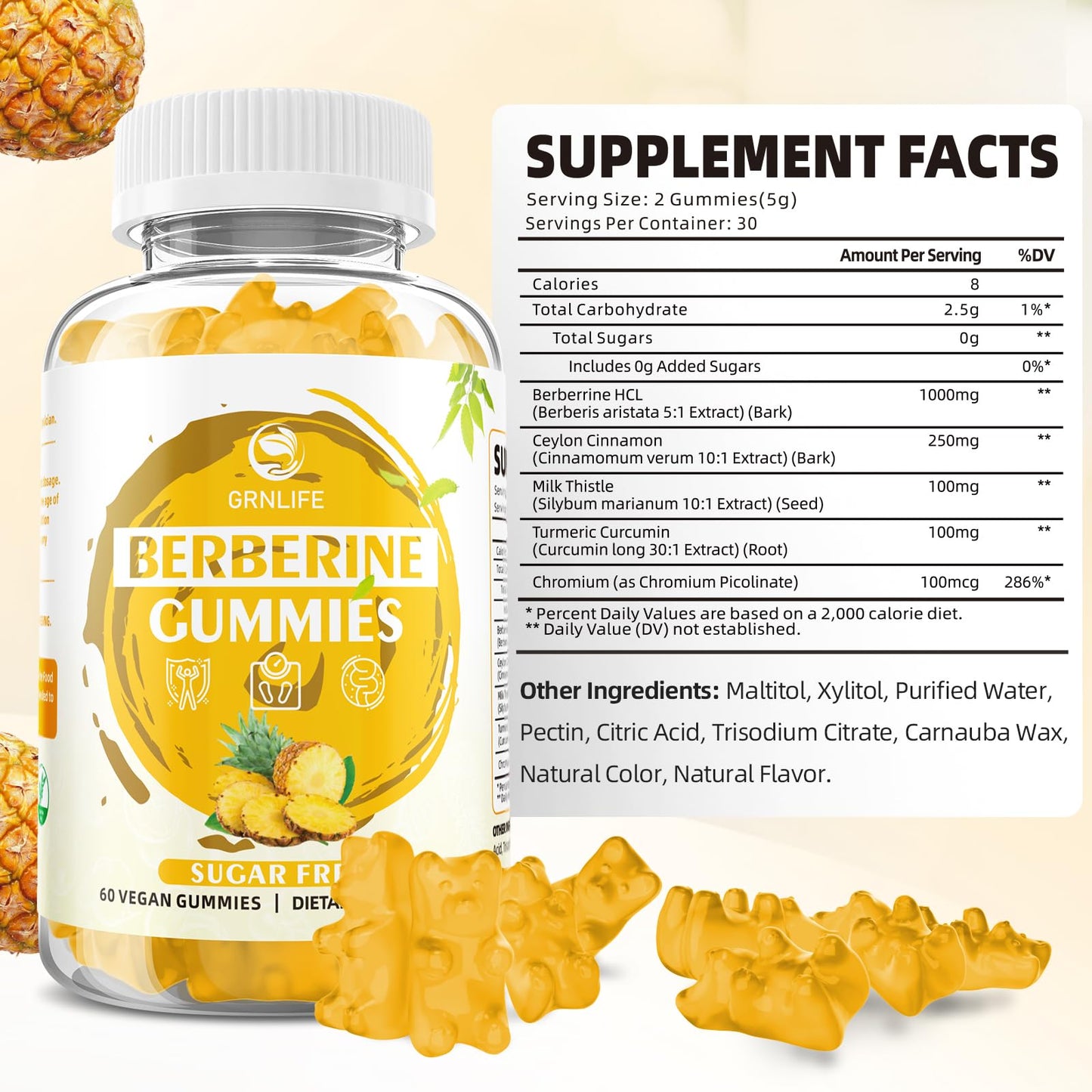 GrnLife Berberine Gummies with Ceylon Cinnamon High Potency Berberine HCL Supplement for Immune and Metabolism Support, 120 Count
