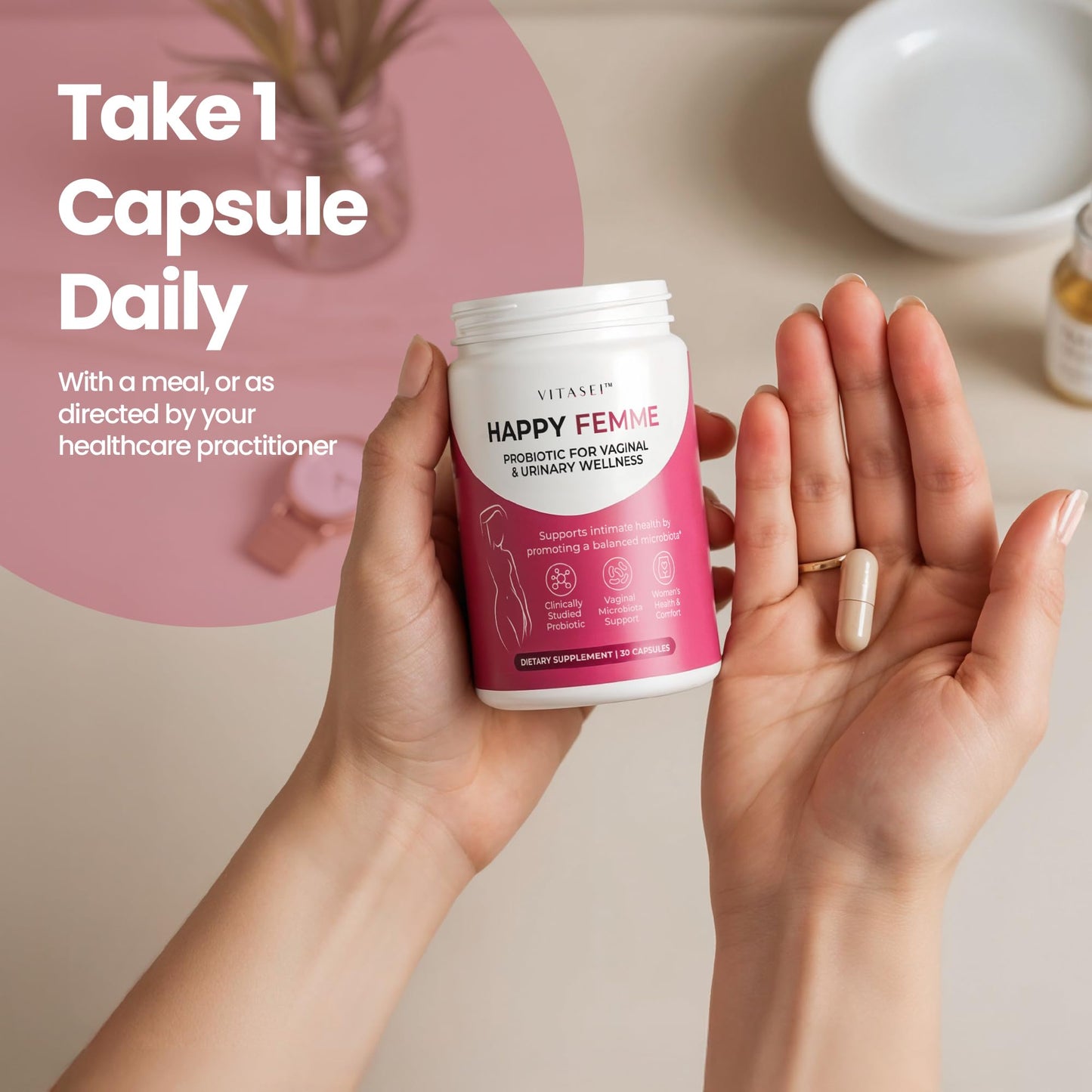 VITASEI Happy Femme Probiotic for Vaginal Microbiome Balance Capsule, 30 Count