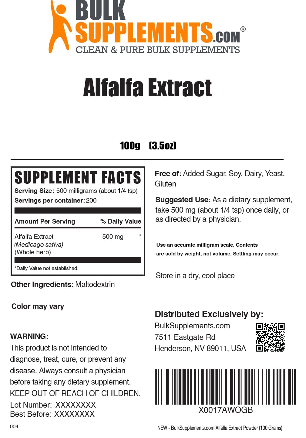 BulkSupplements Alfalfa Extract Powder 3.53 oz