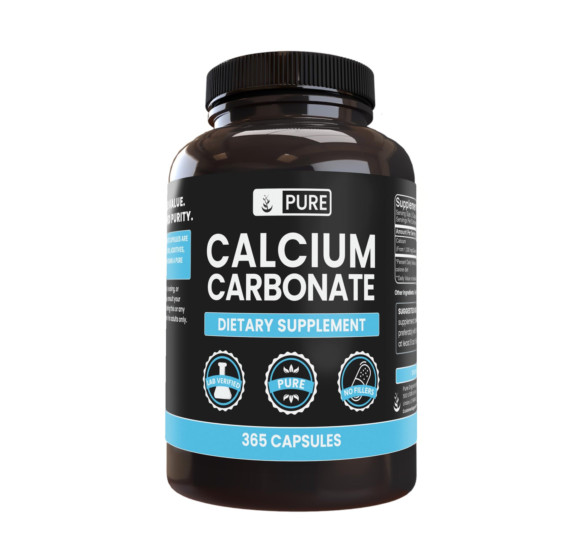 PURE ORIGINAL INGREDIENTS Calcium Carbonate Capsules 365