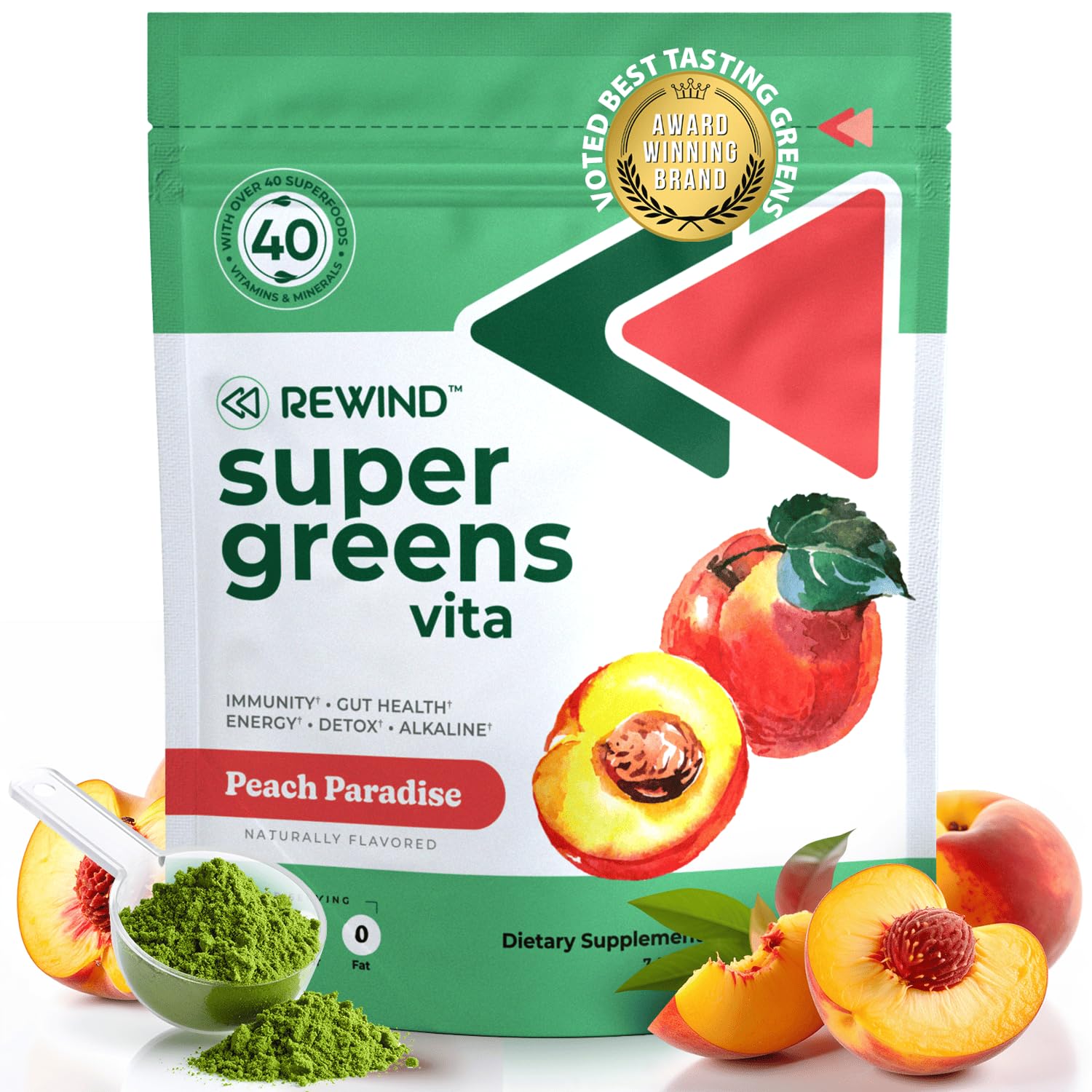 Rewind Best Tasting Super Greens Powder with 40+ Superfoods, Peach Flavor, 8.15 oz